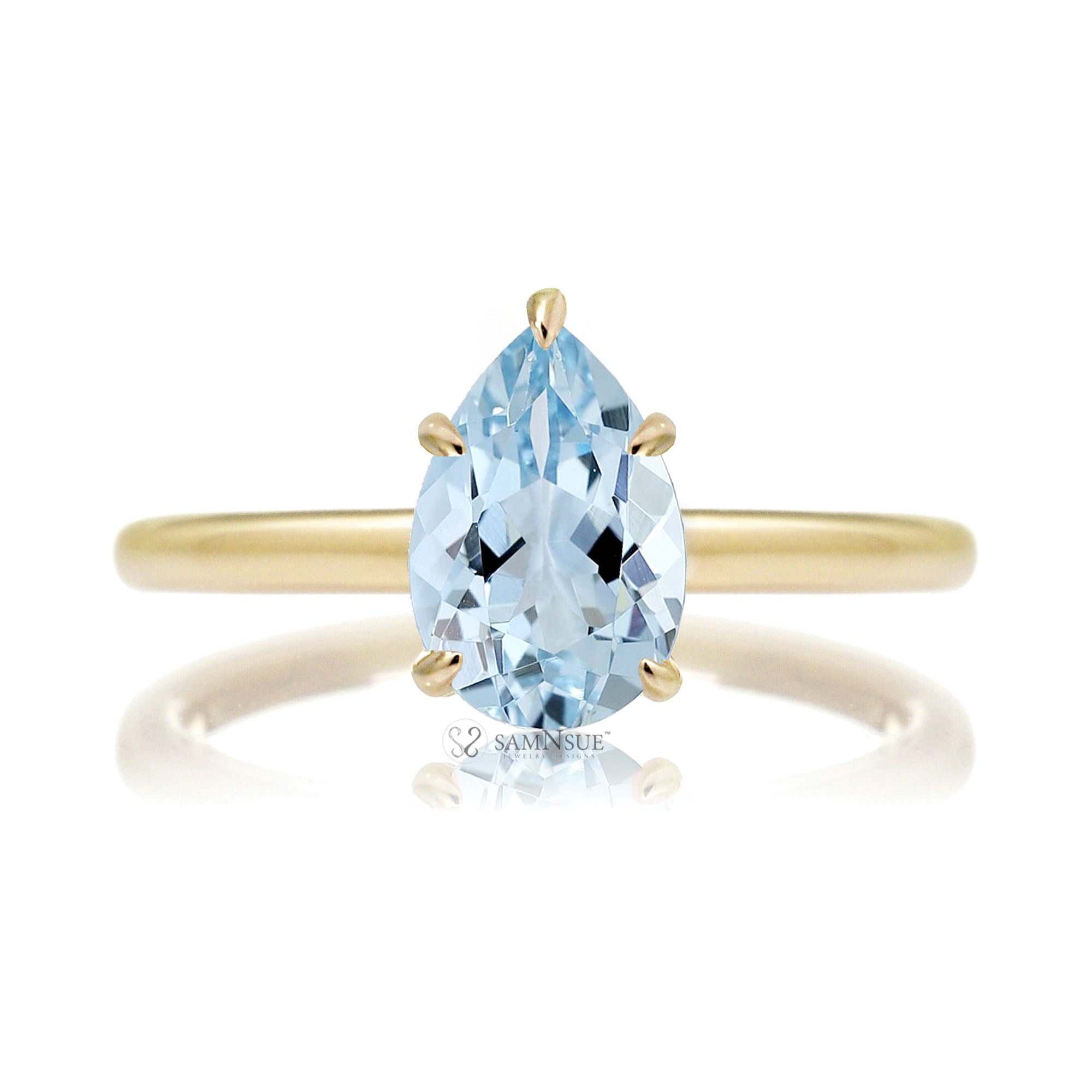 Pear aquamarine ring solitaire with diamond hidden halo in yellow gold