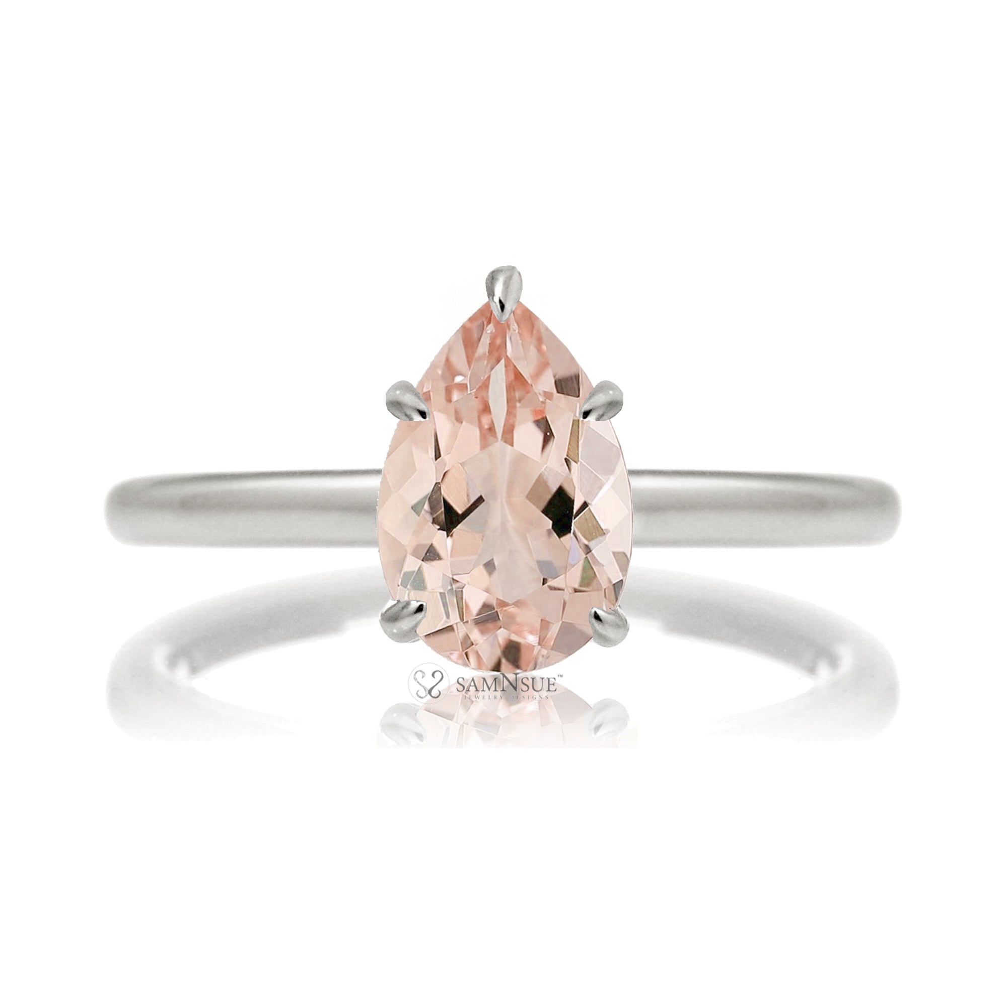 Pear morganite ring solitaire ring with hidden halo white gold