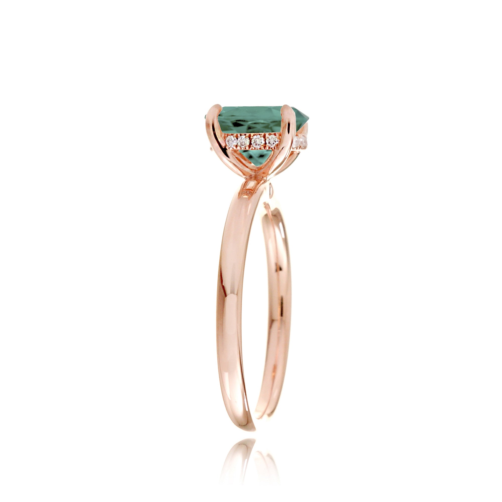 Princess cut lab green sapphire solitaire engagement ring in rose gold