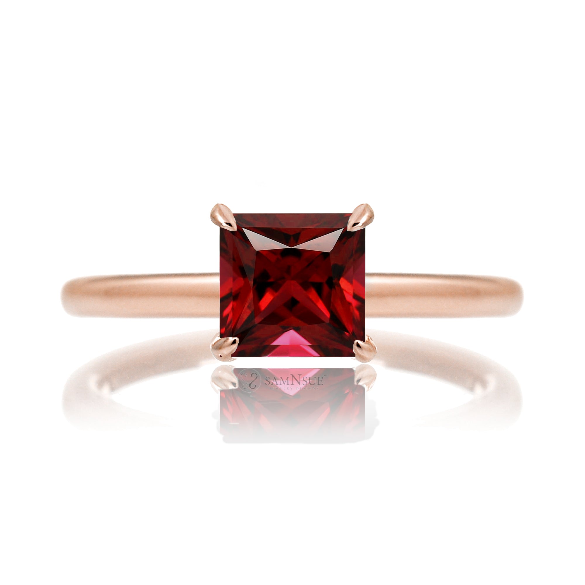 Ruby ring with princess cut and hidden halo with a rounded rose gold band