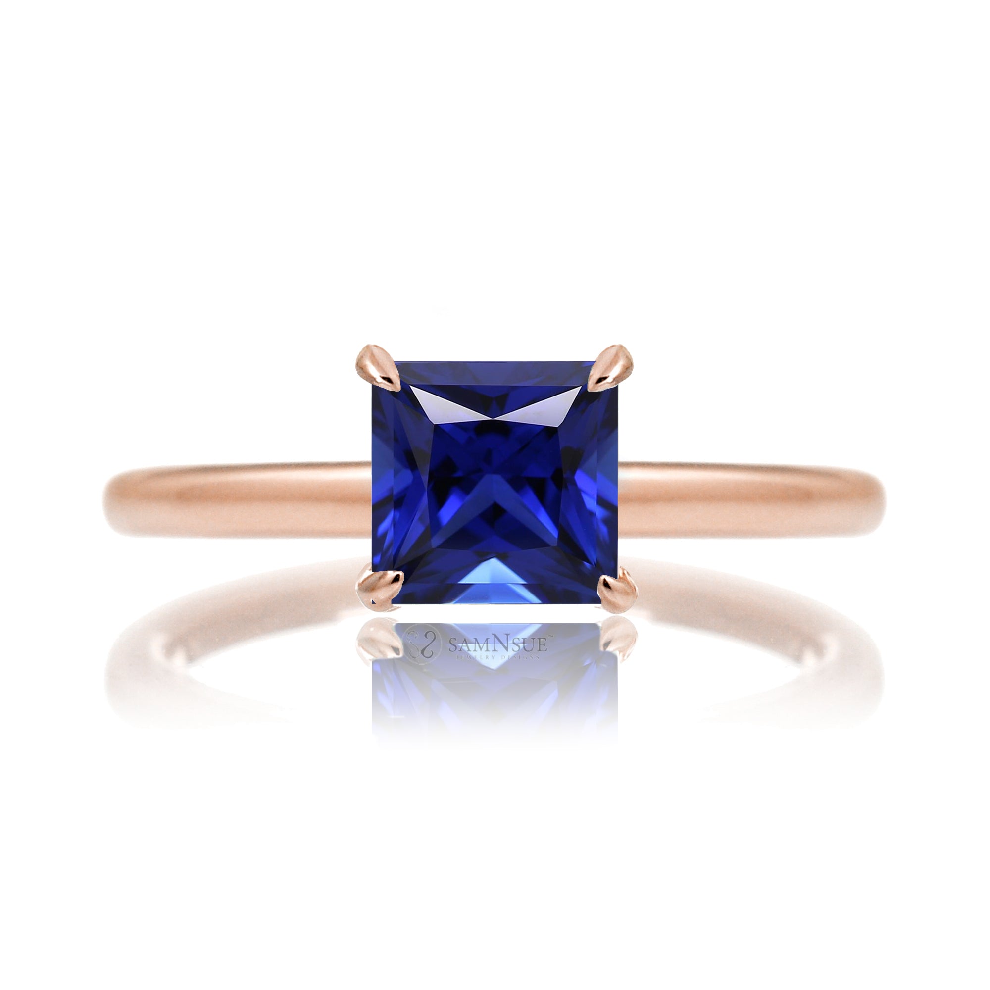 Princess cut blue sapphire solitaire ring in rose gold