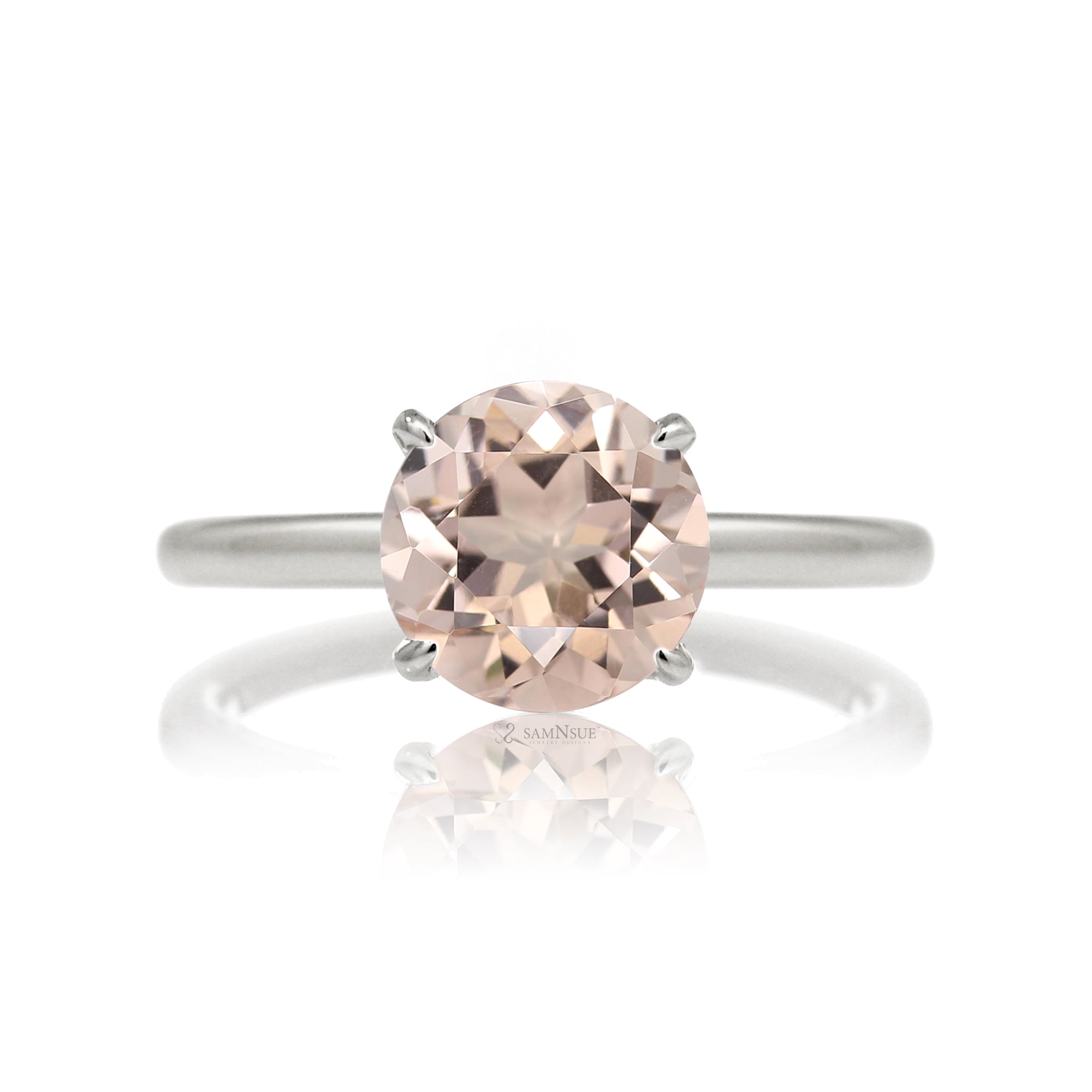 Round morganite ring with hidden halo in white gold