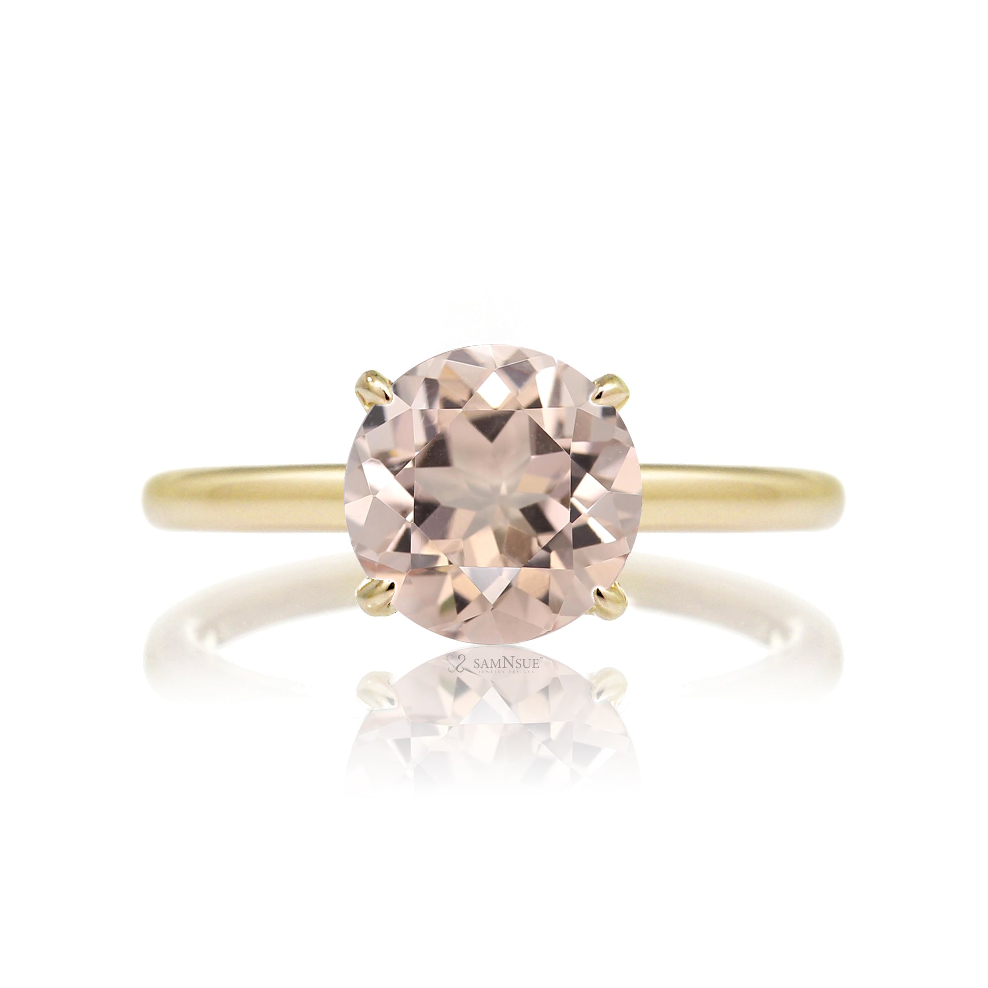 Round morganite ring with hidden halo in yellow gold