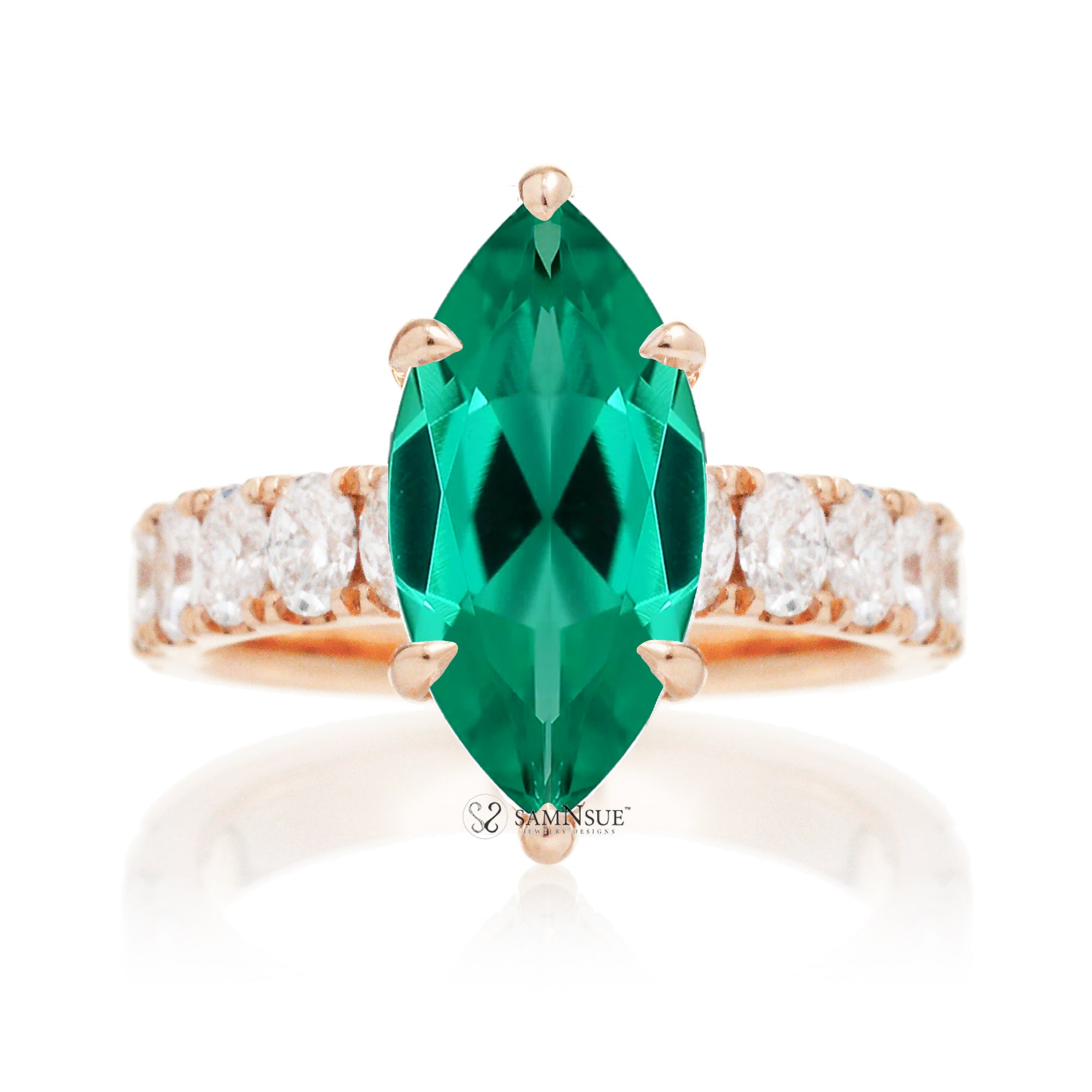 Marquise cut green emerald large oval diamond band with hidden halo six prongs rose gold