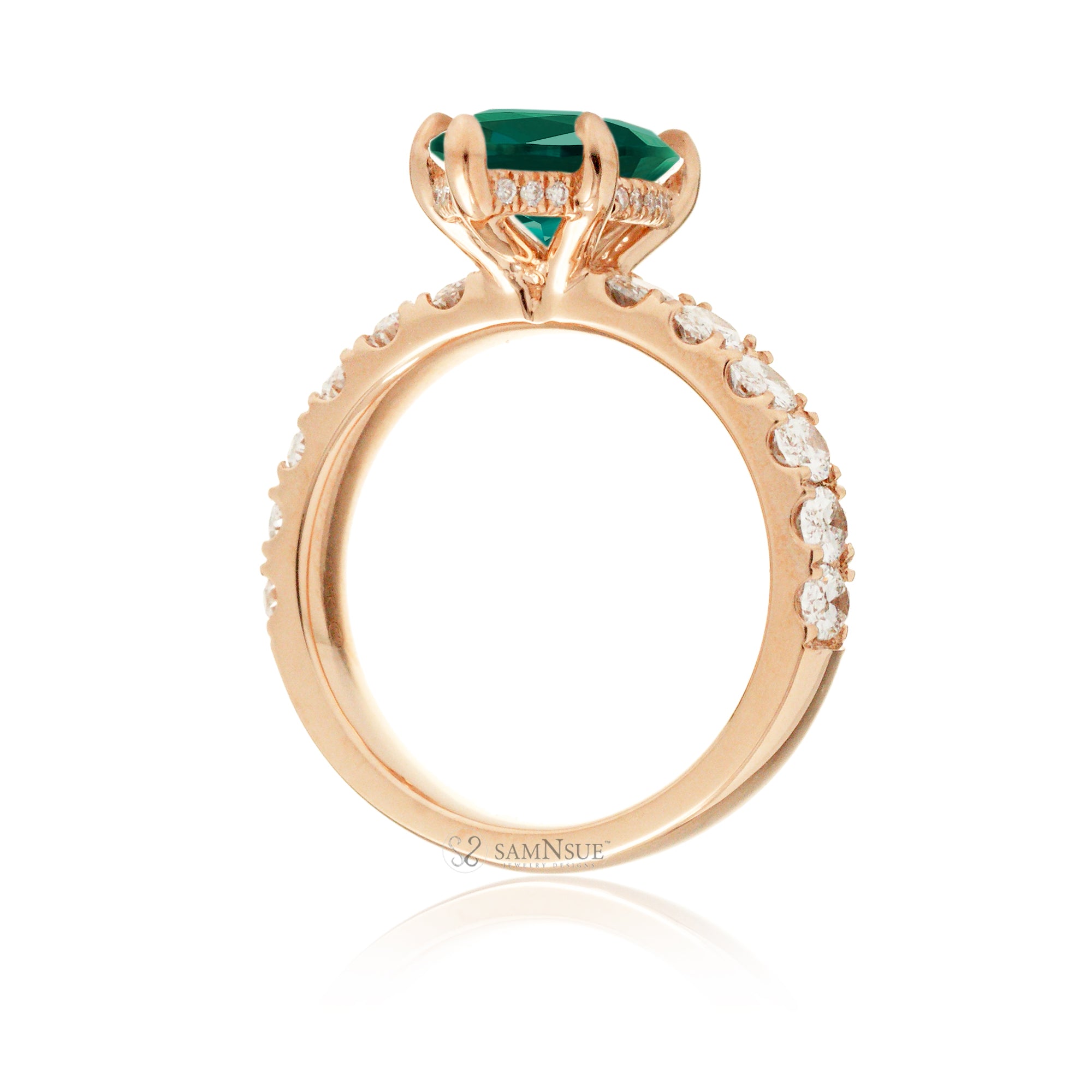 Marquise cut green emerald large oval diamond band with hidden halo six prongs rose gold