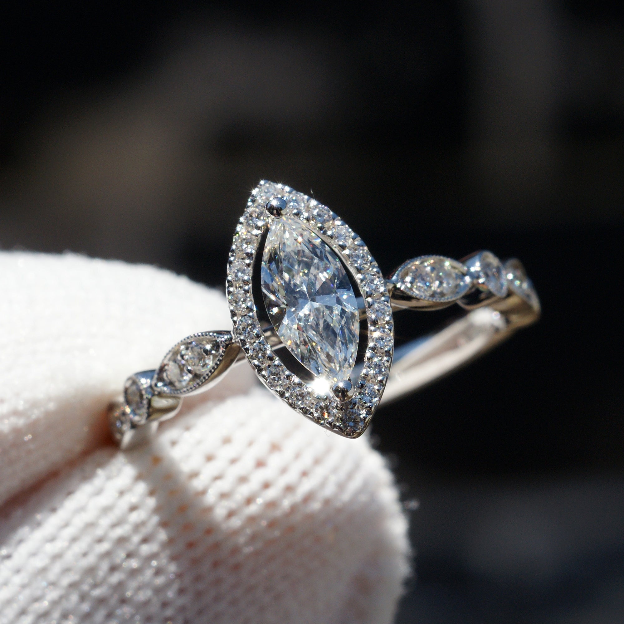 Natural marquise diamond halo solitaire vintage style engagement ring white gold
