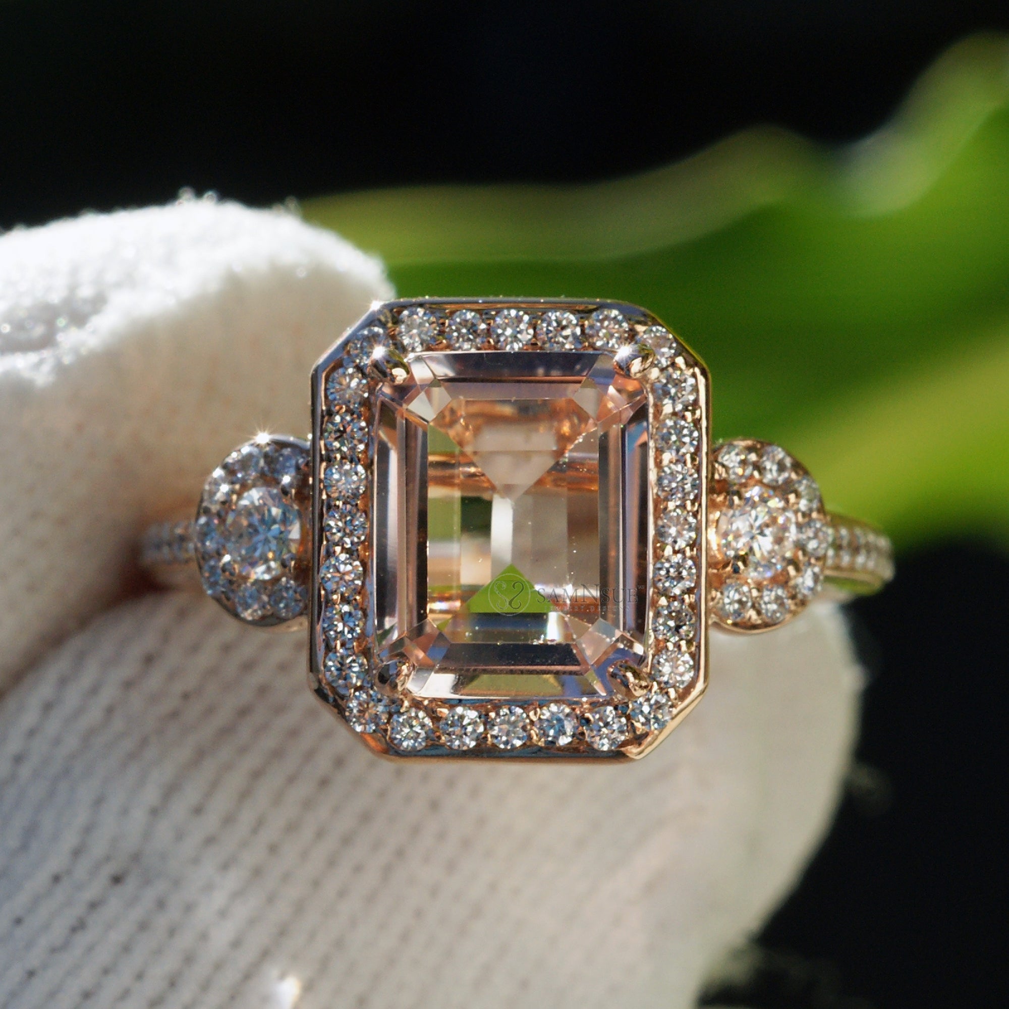 Emerald cut morganite ring in the Nancy rose gold