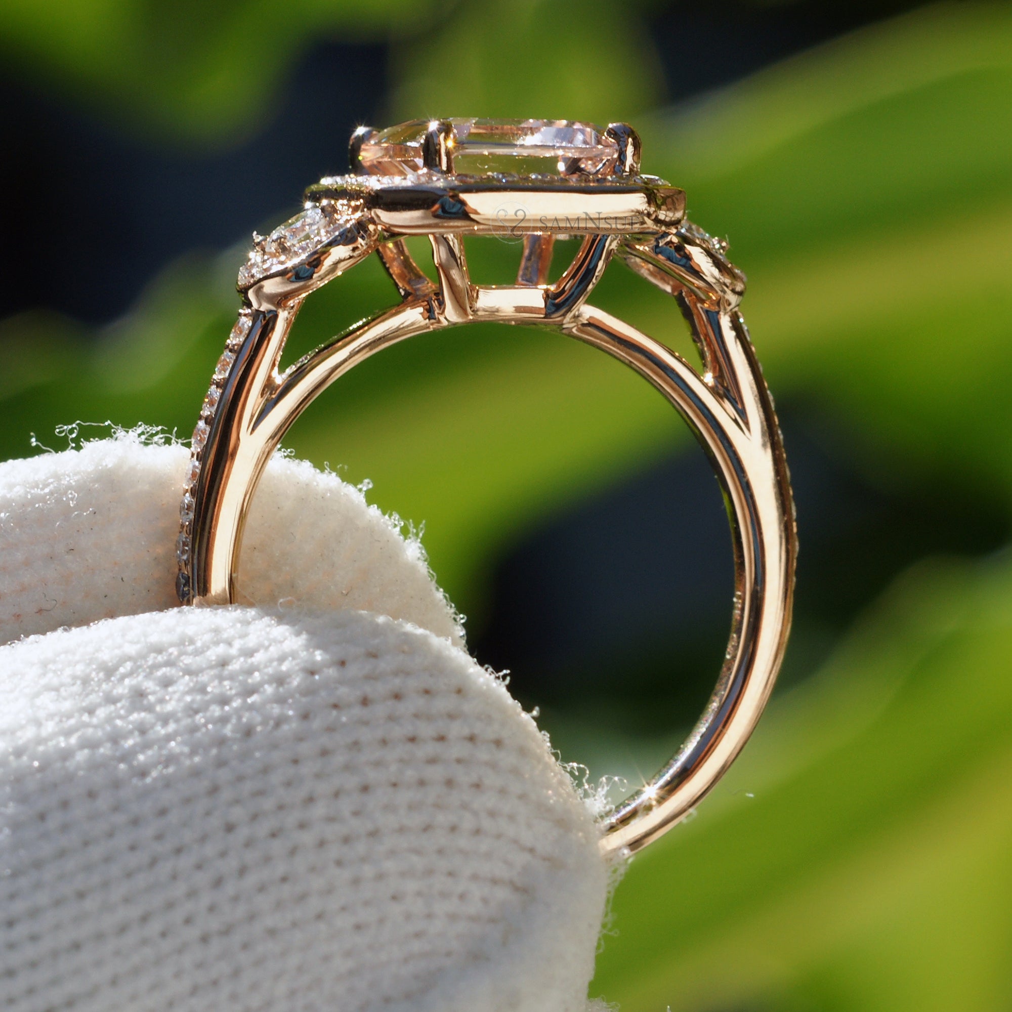 Emerald cut morganite ring in the Nancy rose gold