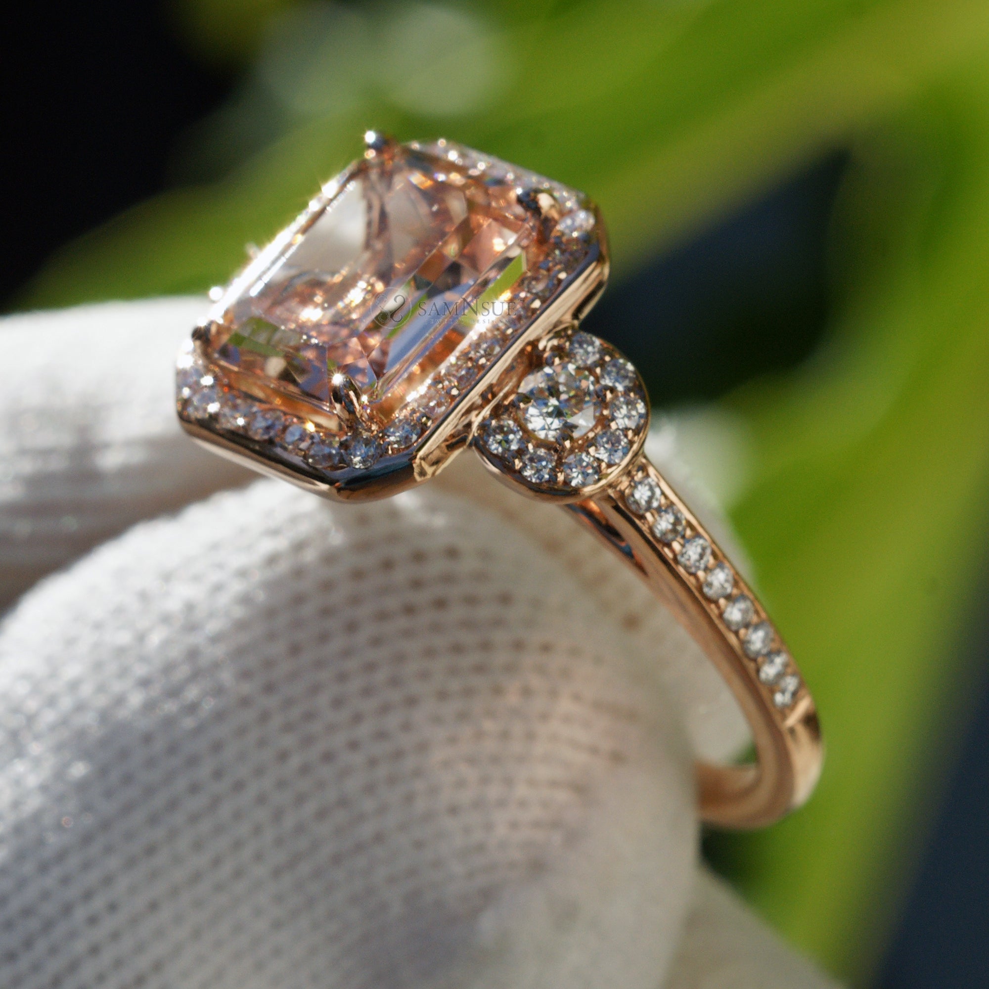 Emerald cut morganite ring in the Nancy rose gold