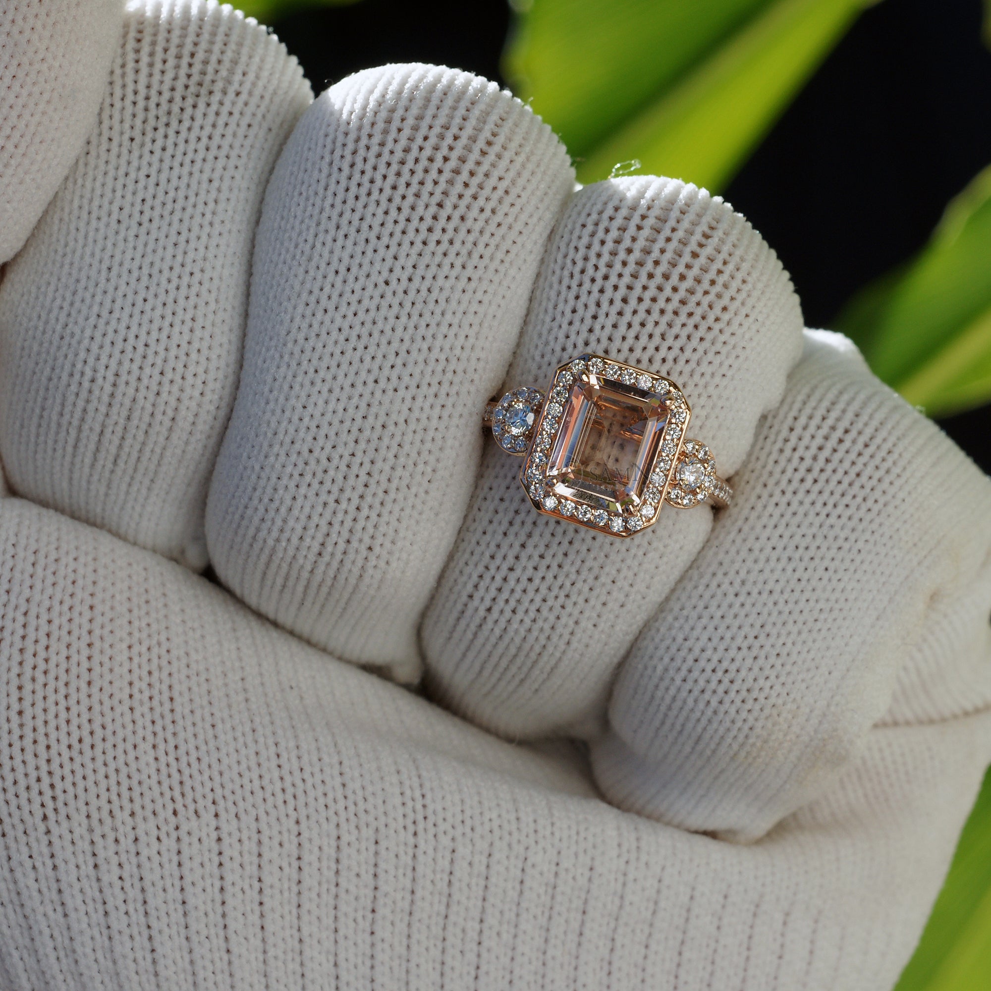 Emerald cut morganite ring in the Nancy rose gold