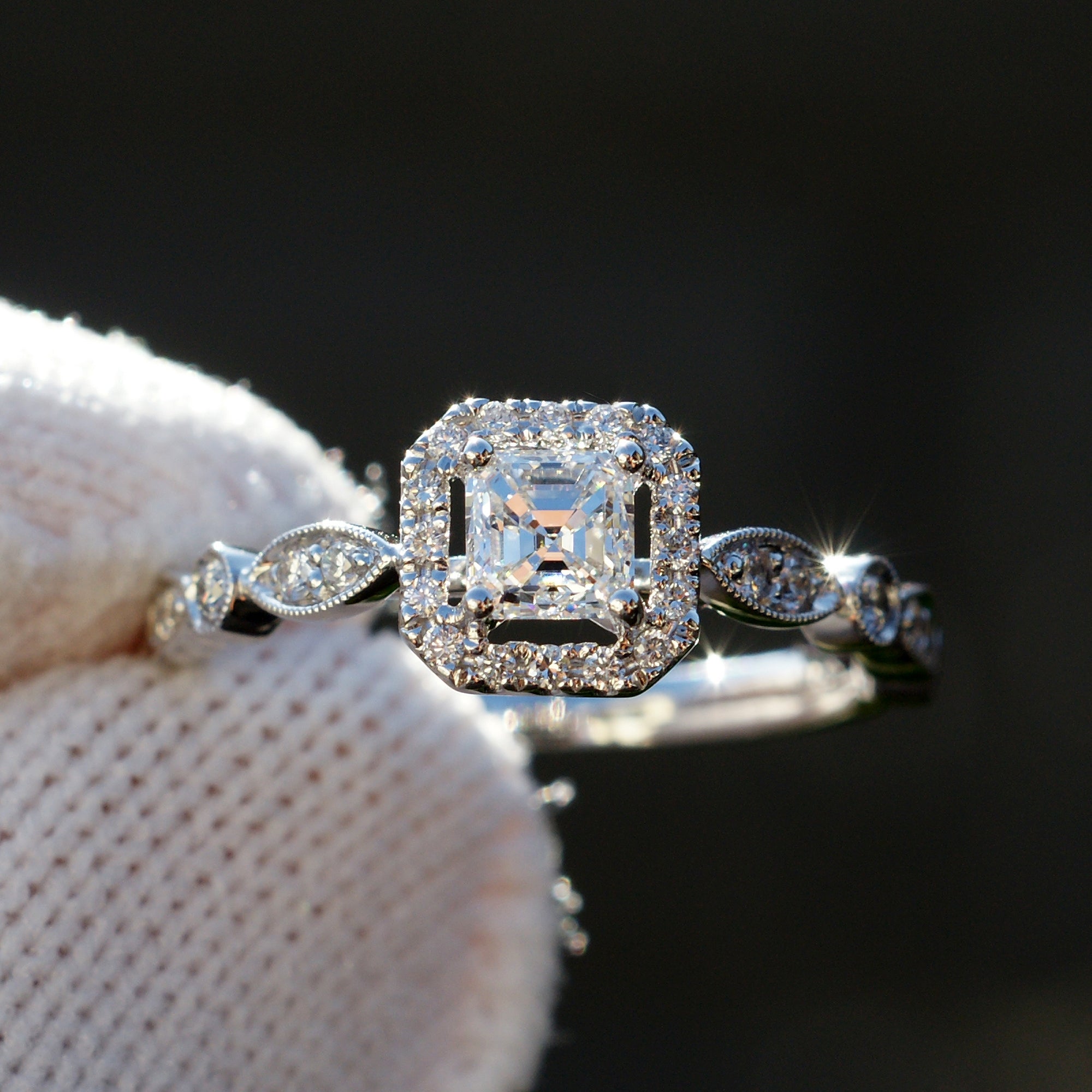 Natural asscher's cut diamond halo vintage style setting engagement ring white gold