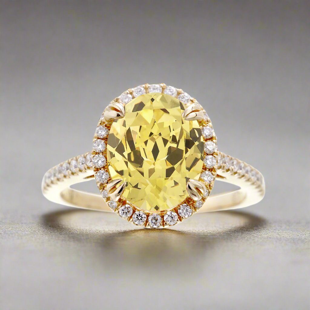 Oval cut yellow sapphire engagement ring with a diamond halo in yellow gold