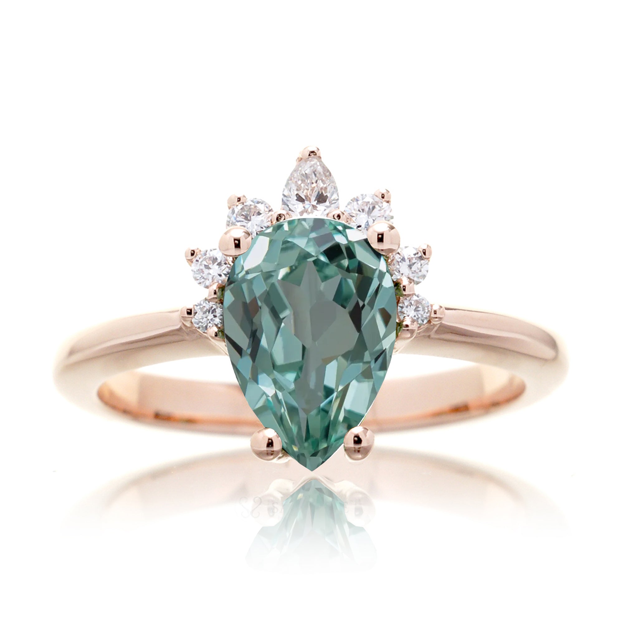 Green sapphire half diamond halo engagement ring The Pacey rose   gold