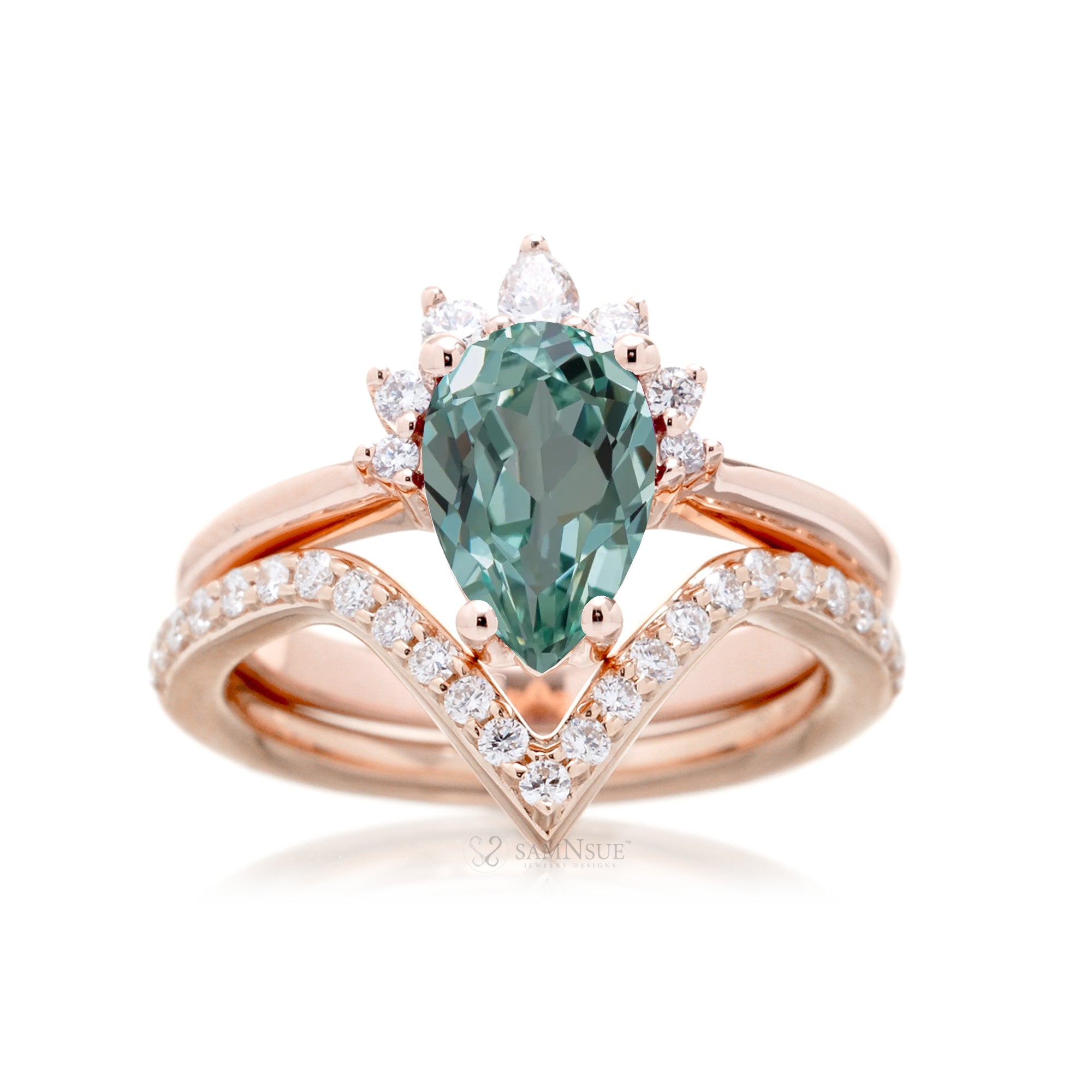 Green sapphire half diamond halo engagement ring The Pacey rose   gold