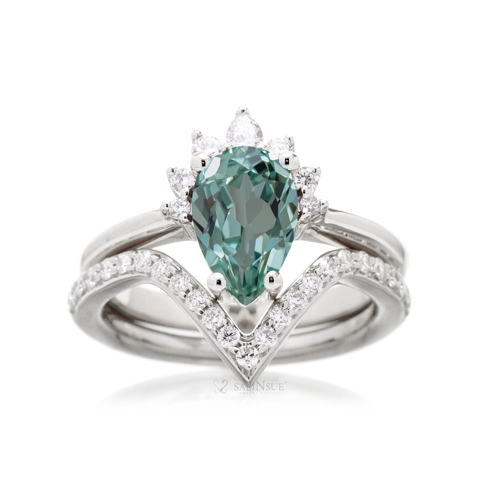 Green sapphire half diamond halo engagement ring The Pacey white gold