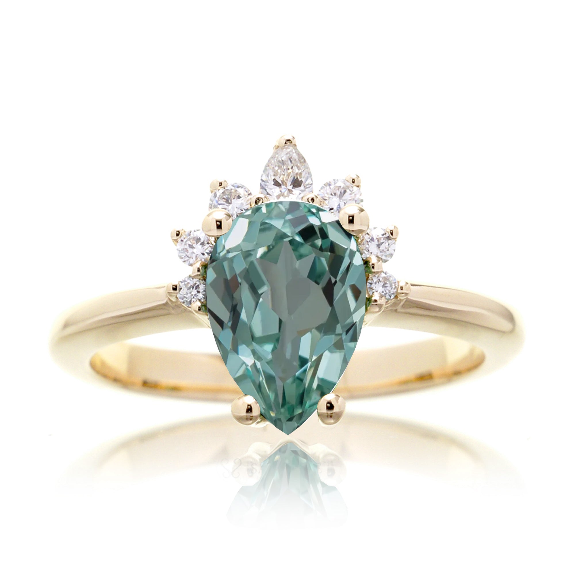 Green sapphire half diamond halo engagement ring The Pacey yellow  gold