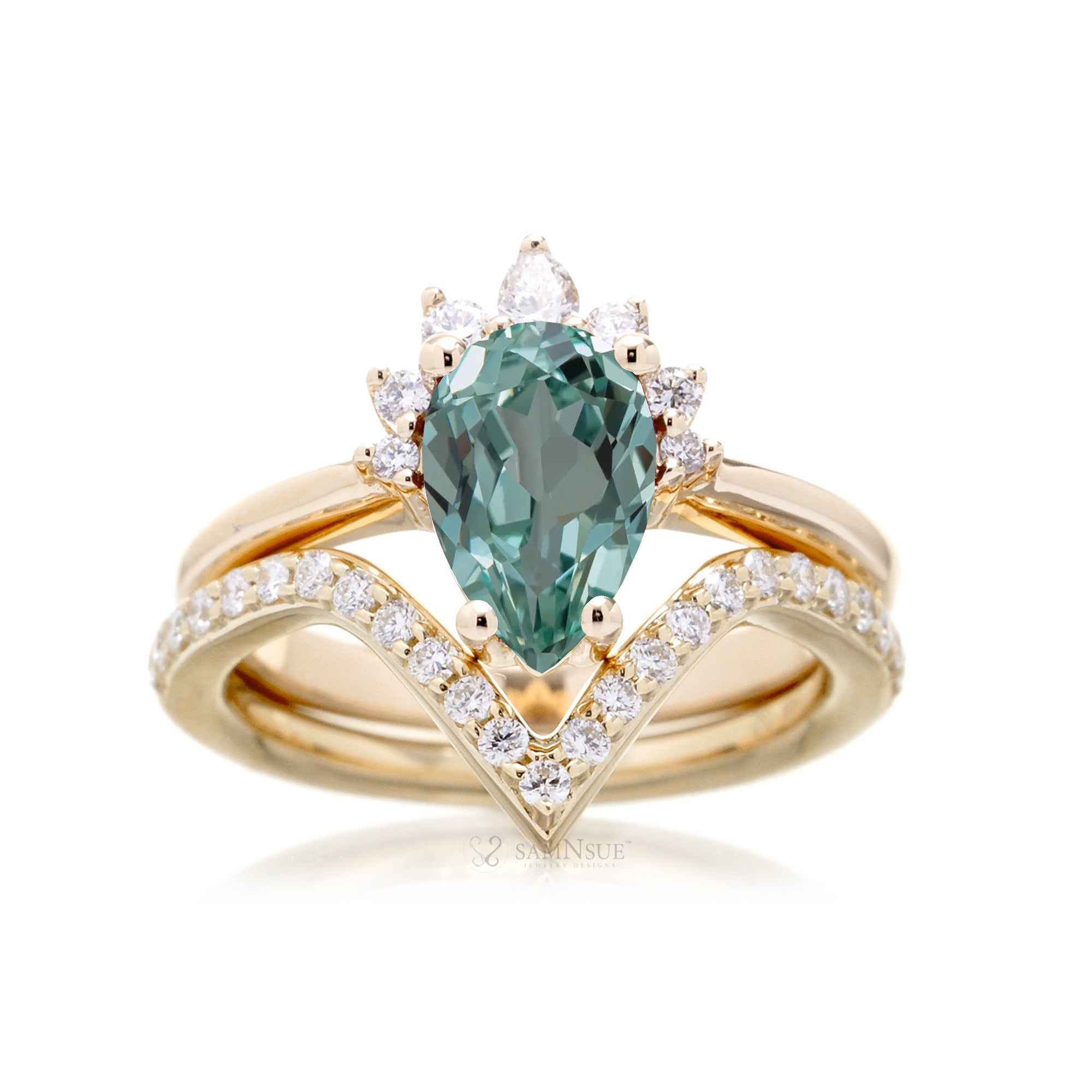 Green sapphire half diamond halo engagement ring The Pacey yellow  gold