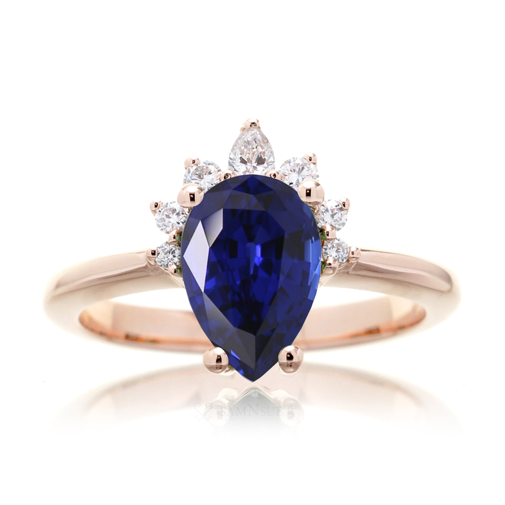 Pear blue sapphire solitaire with half diamond halo and solid band rose gold