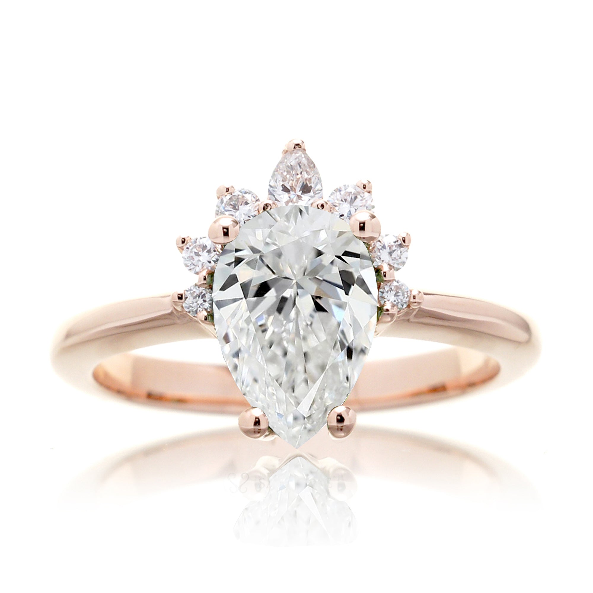 Pear diamond half halo solid band rose gold engagement ring