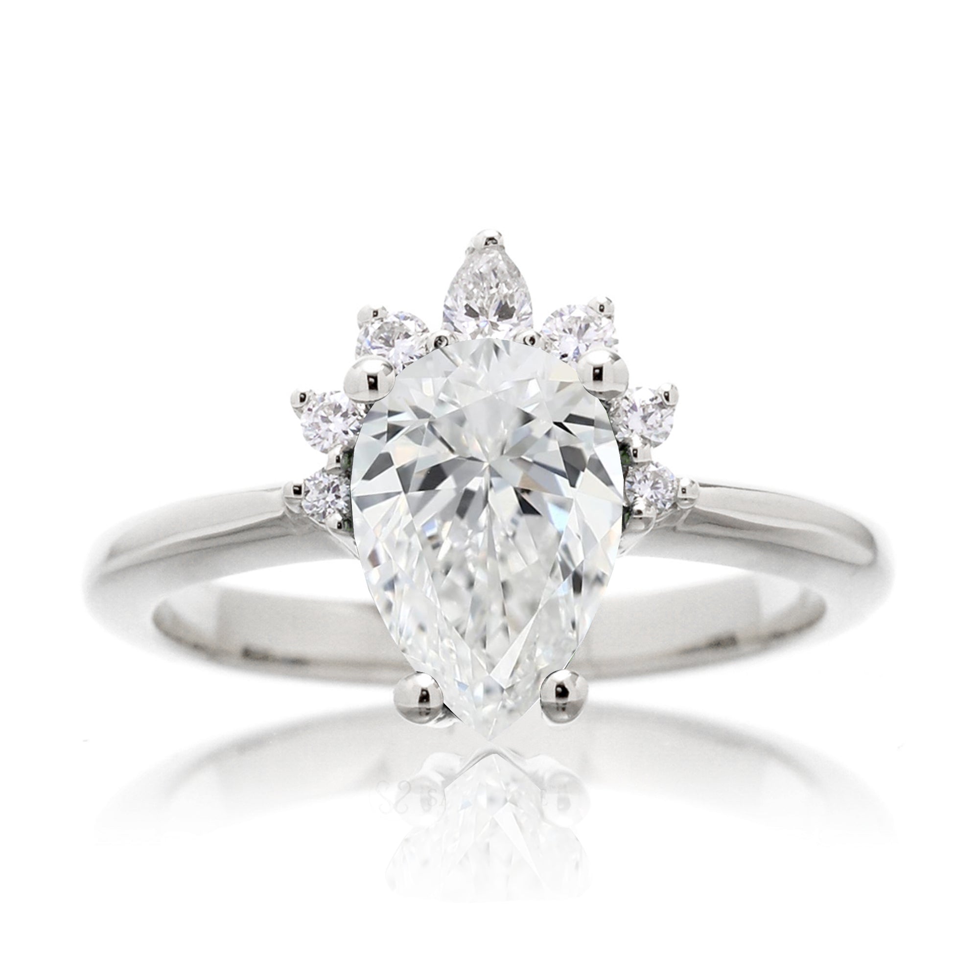 Pear diamond half halo solid band white  gold engagement ring