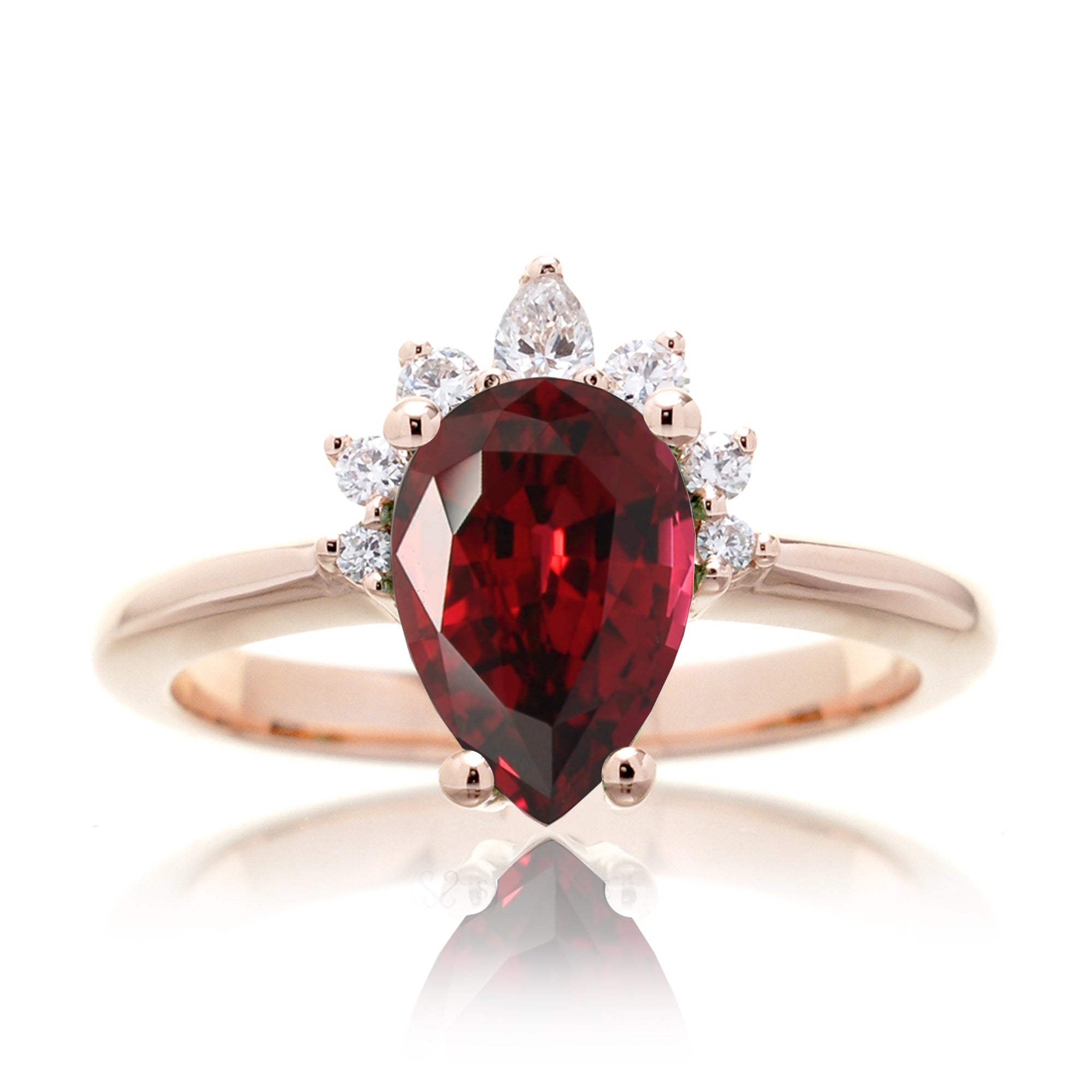 Pear ruby and diamond ring solid band half halo rose gold