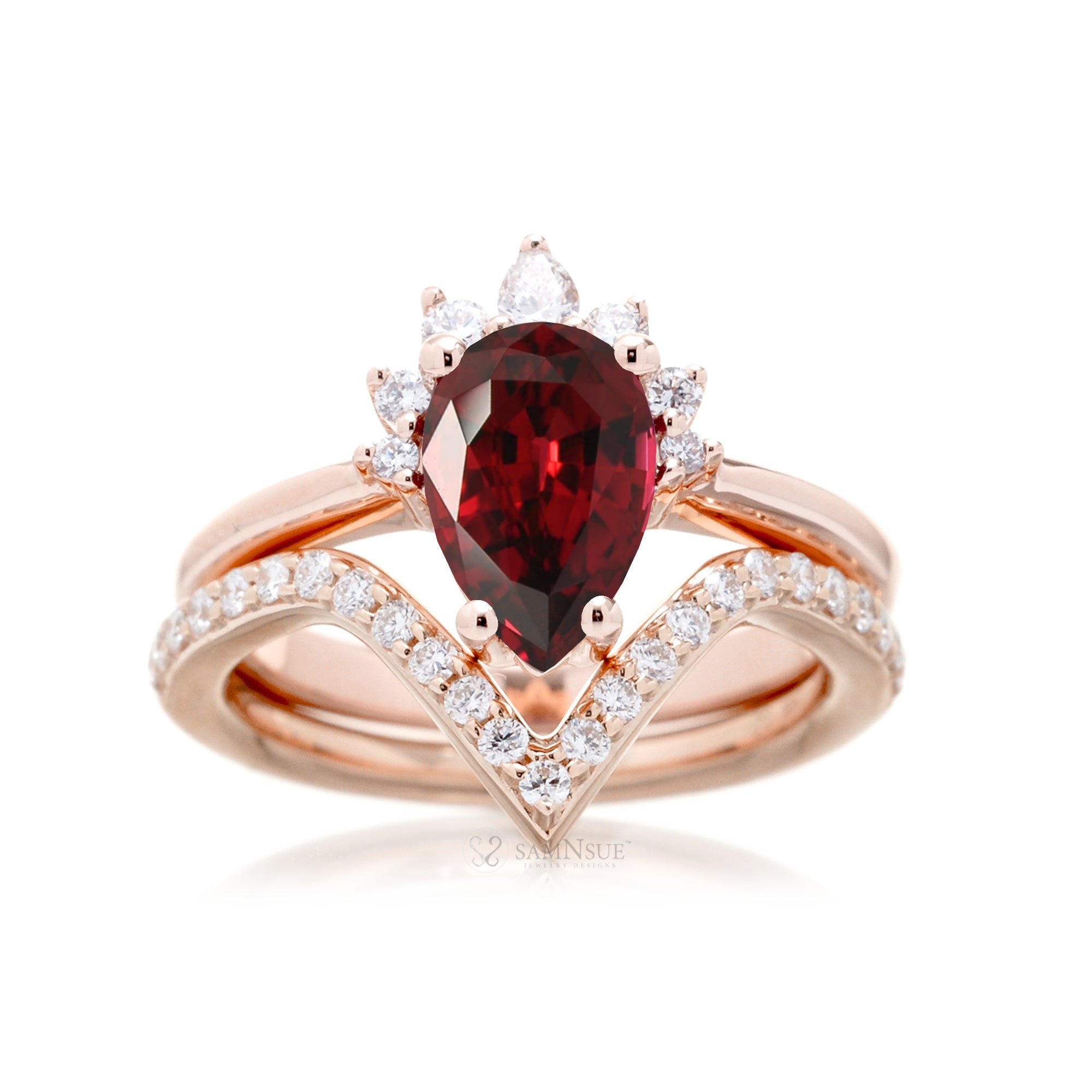 Pear ruby and diamond ring solid band half halo rose gold with V shape diamond band