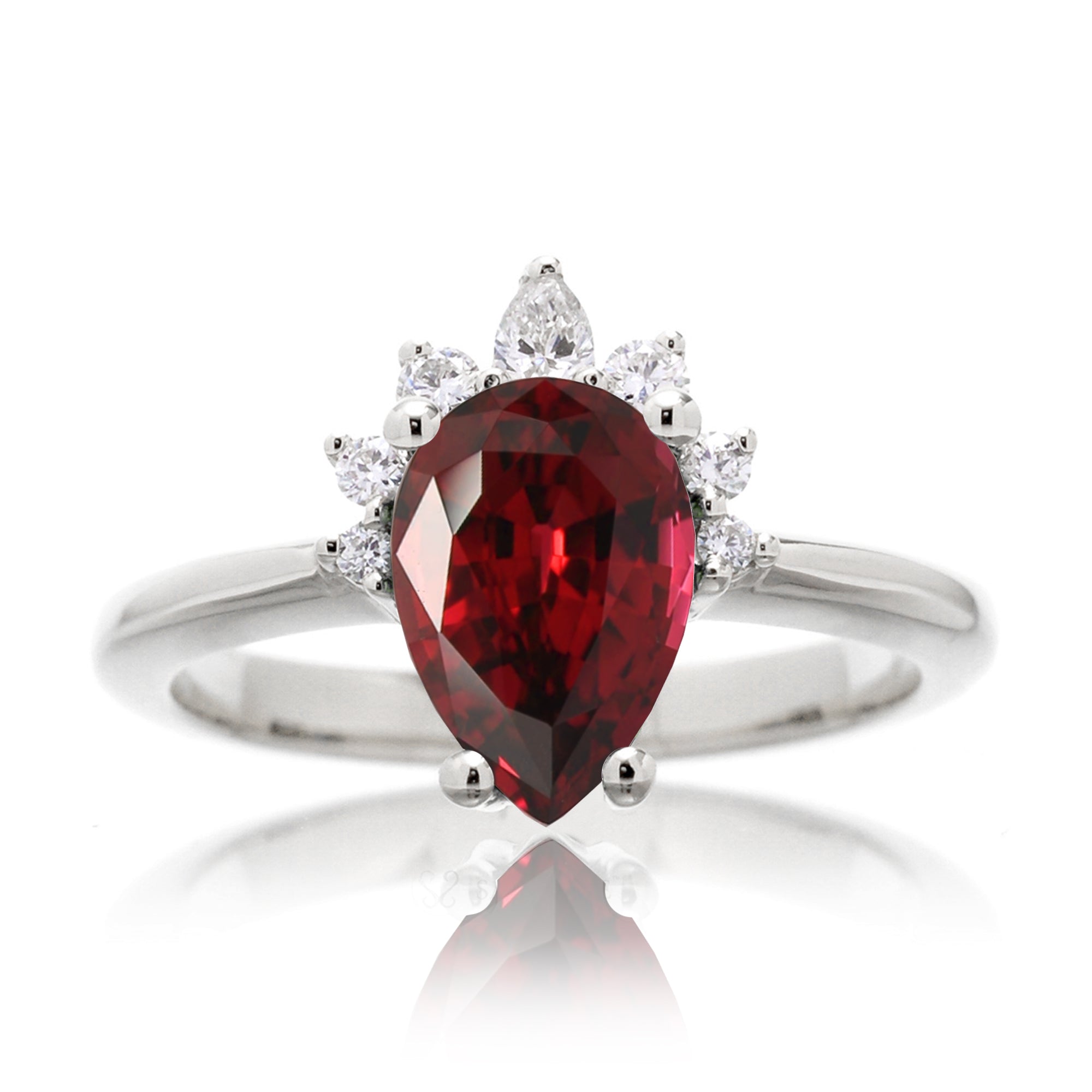 Pear ruby and diamond ring solid band half halo white gold