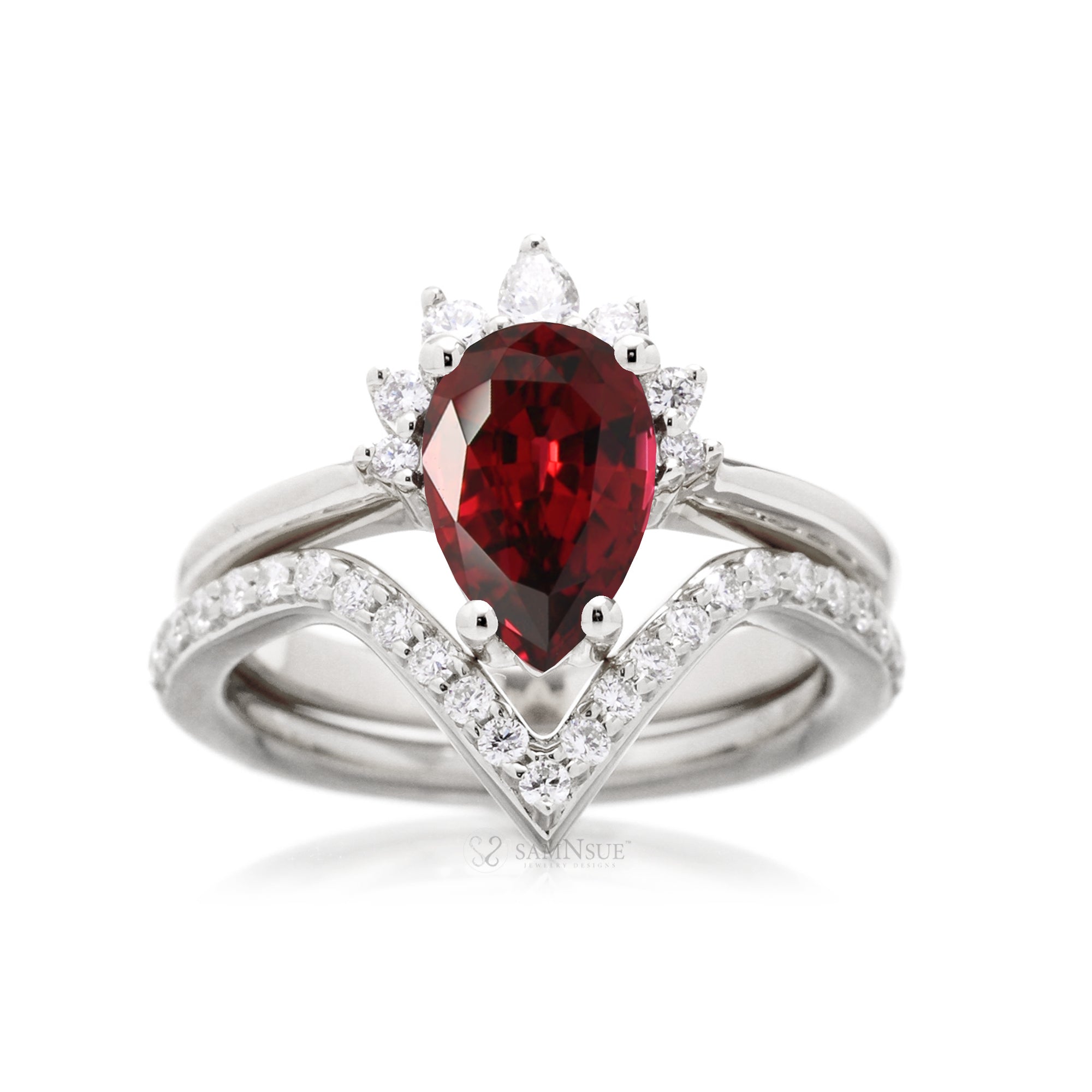 Pear ruby and diamond ring solid band half halo white gold with V shape diamond band