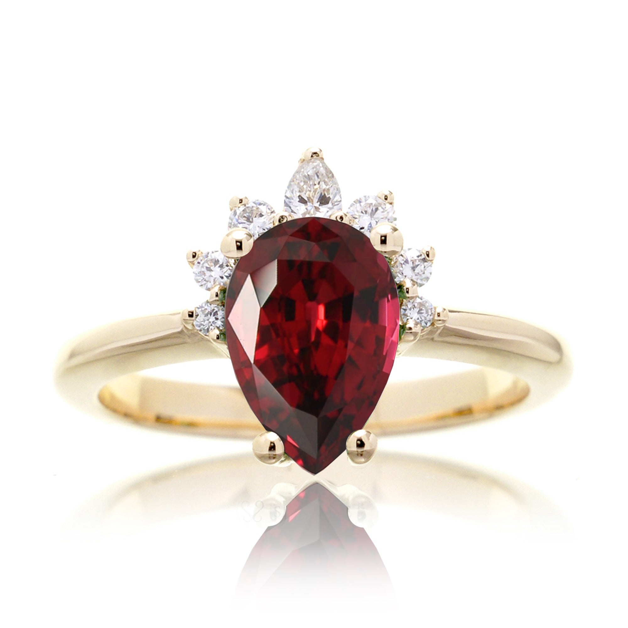 Pear ruby and diamond ring solid band half halo yellow gold