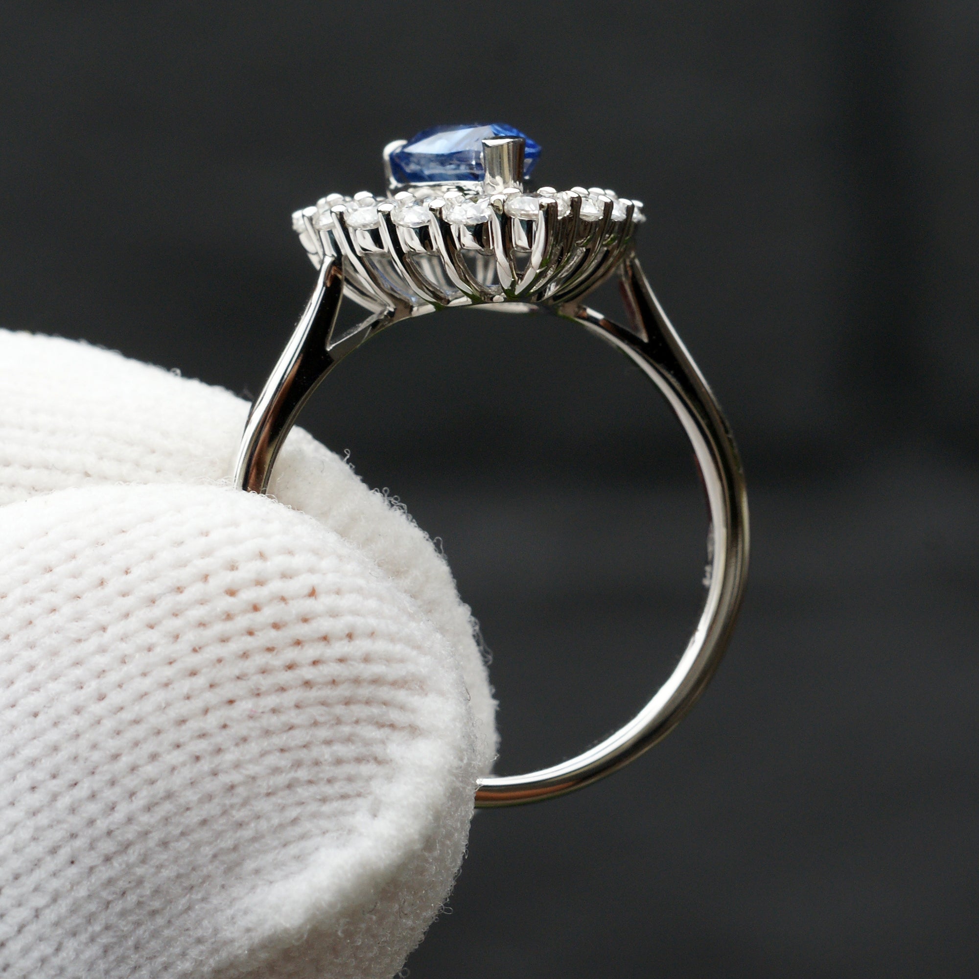 Natural pear Ceylon sapphire diamond double halo ring white gold