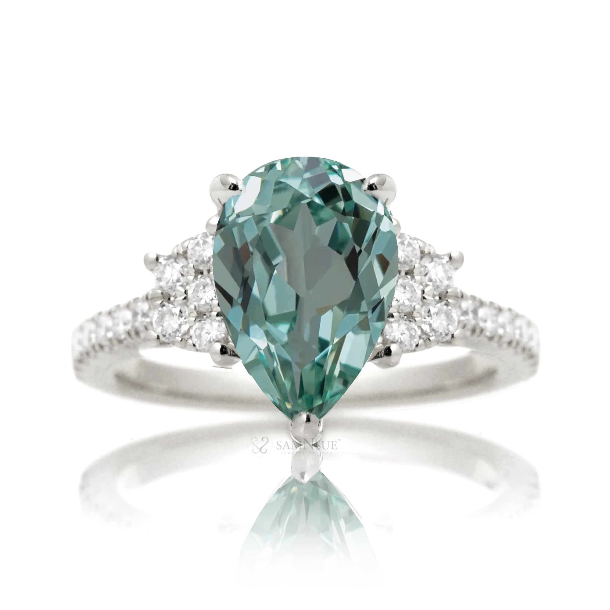 Pear green sapphire engagement ring with diamond accent The Taylor white gold