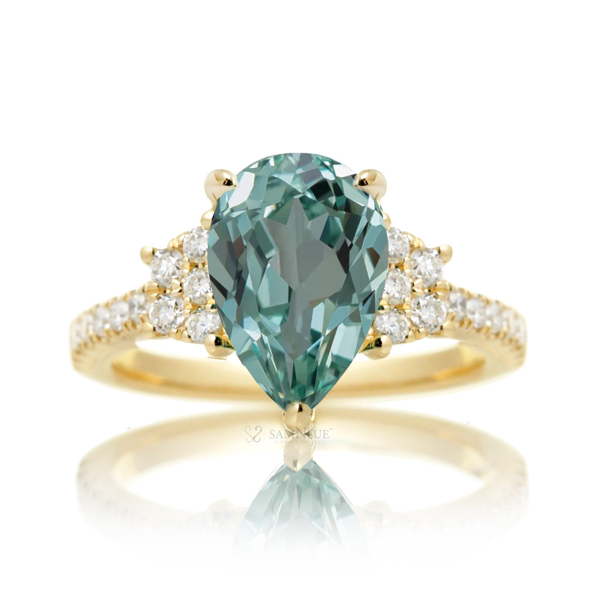 Pear green sapphire engagement ring with diamond accent The Taylor yellow gold