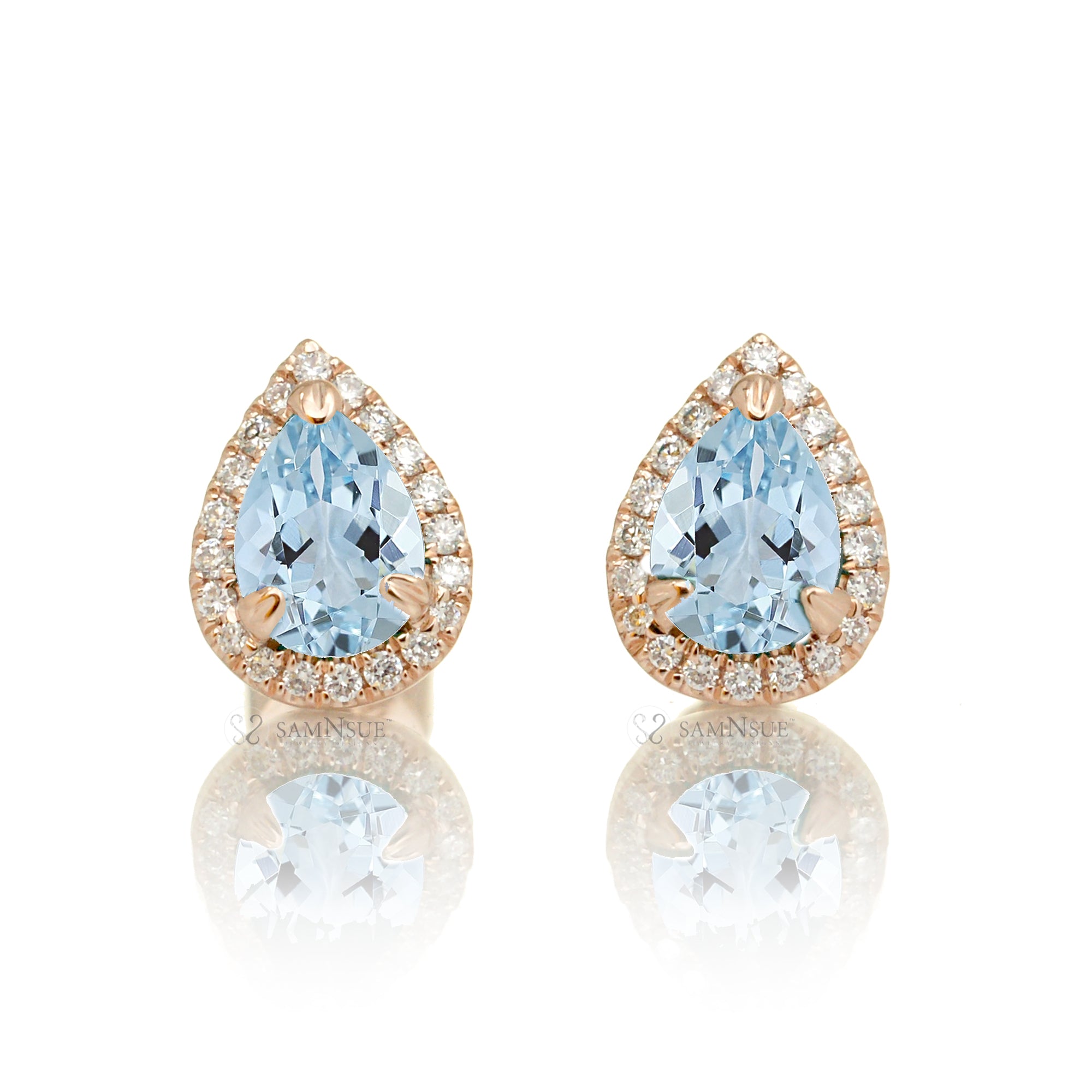 Pear aquamarine stud diamond halo earrings rose gold