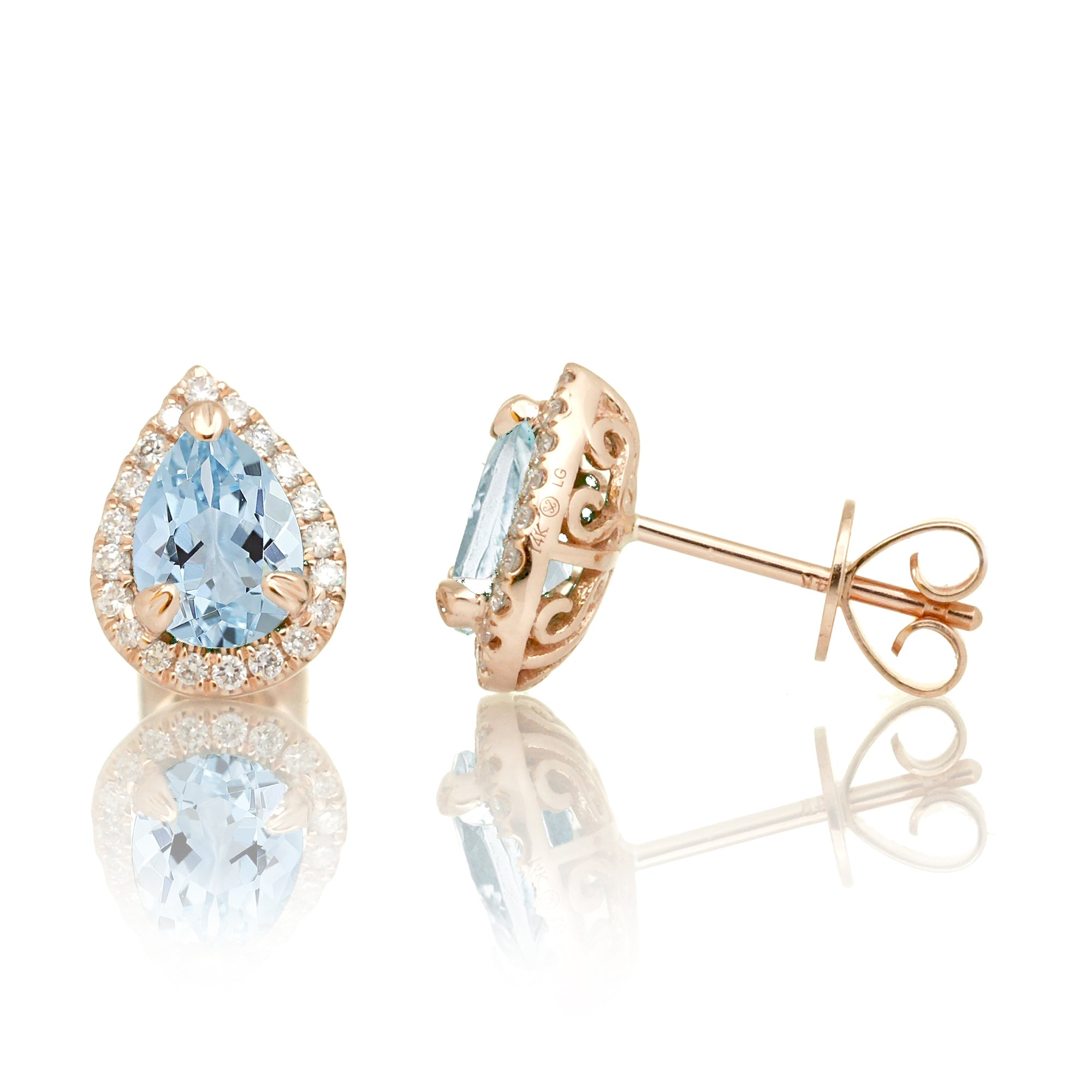 Pear aquamarine stud diamond halo earrings rose gold