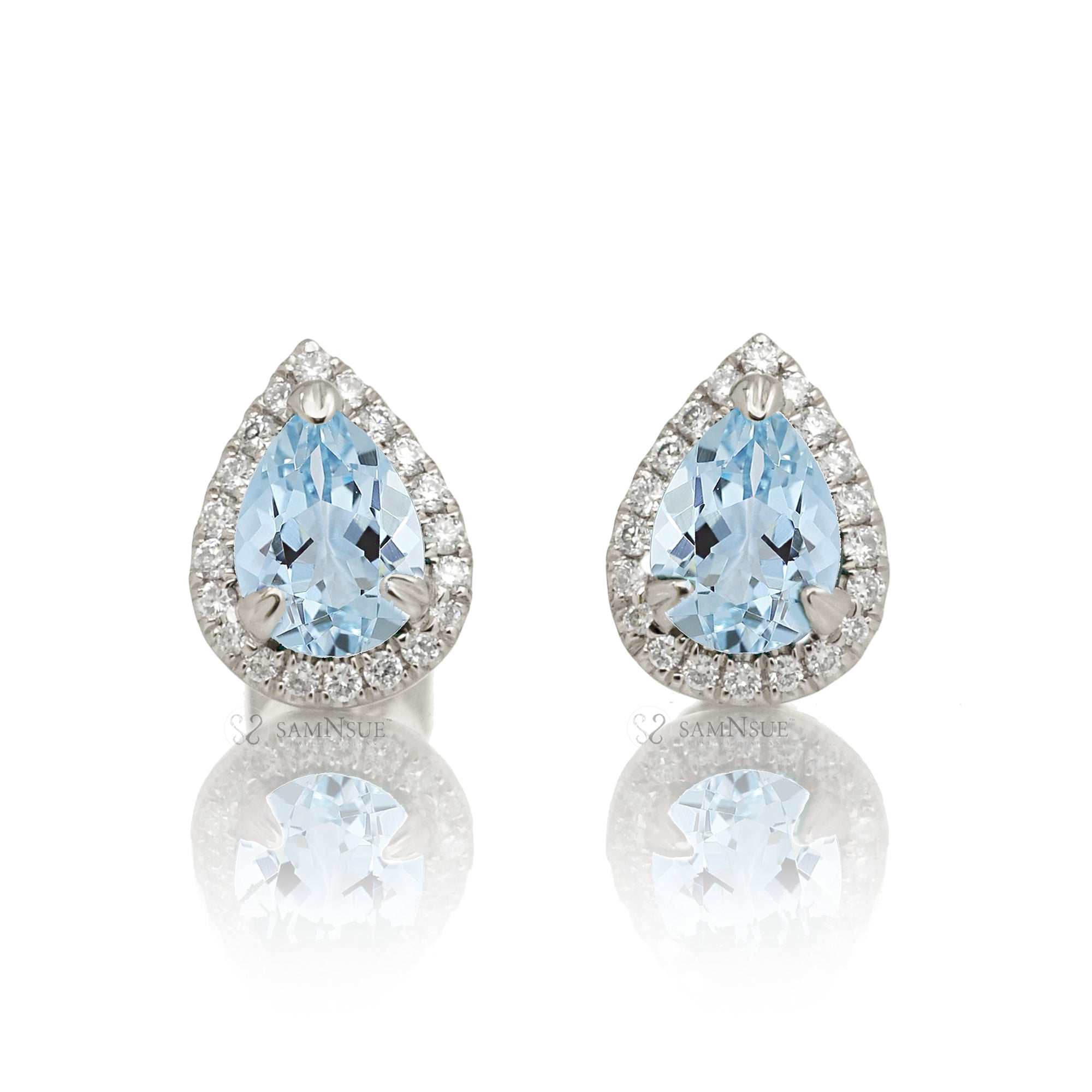 Pear aquamarine stud diamond halo earrings white gold