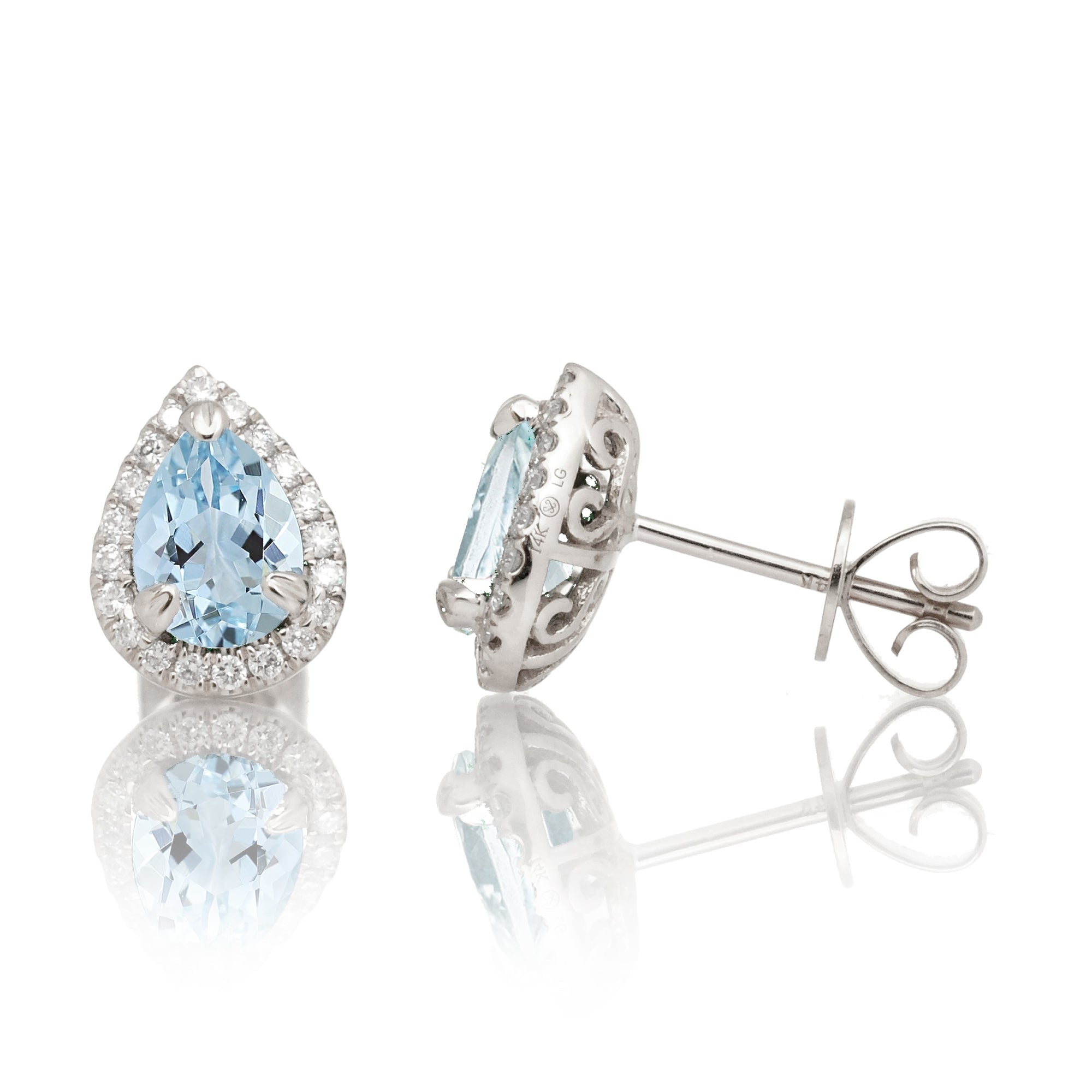 Pear aquamarine stud diamond halo earrings white gold