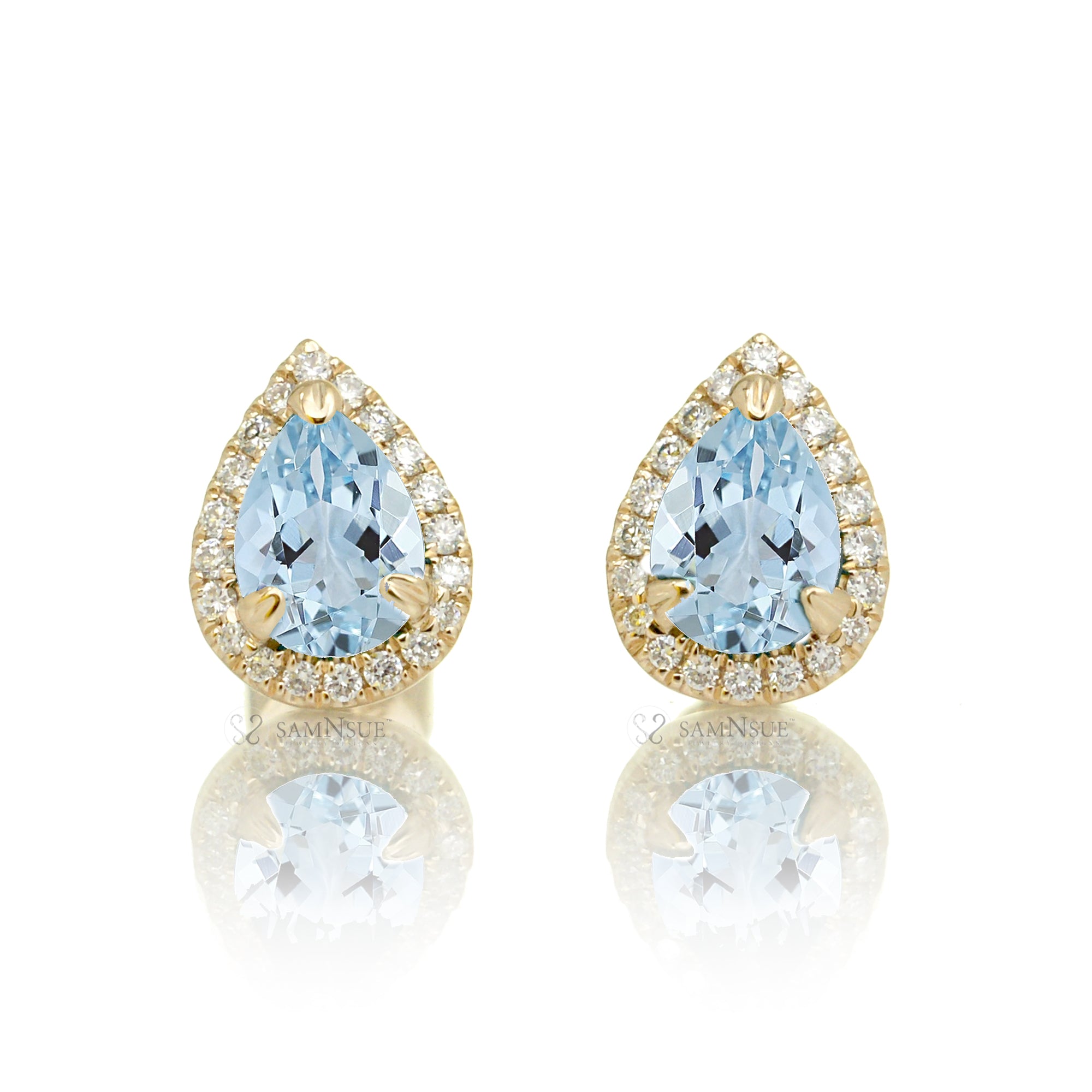 Pear aquamarine stud diamond halo earrings yellow gold