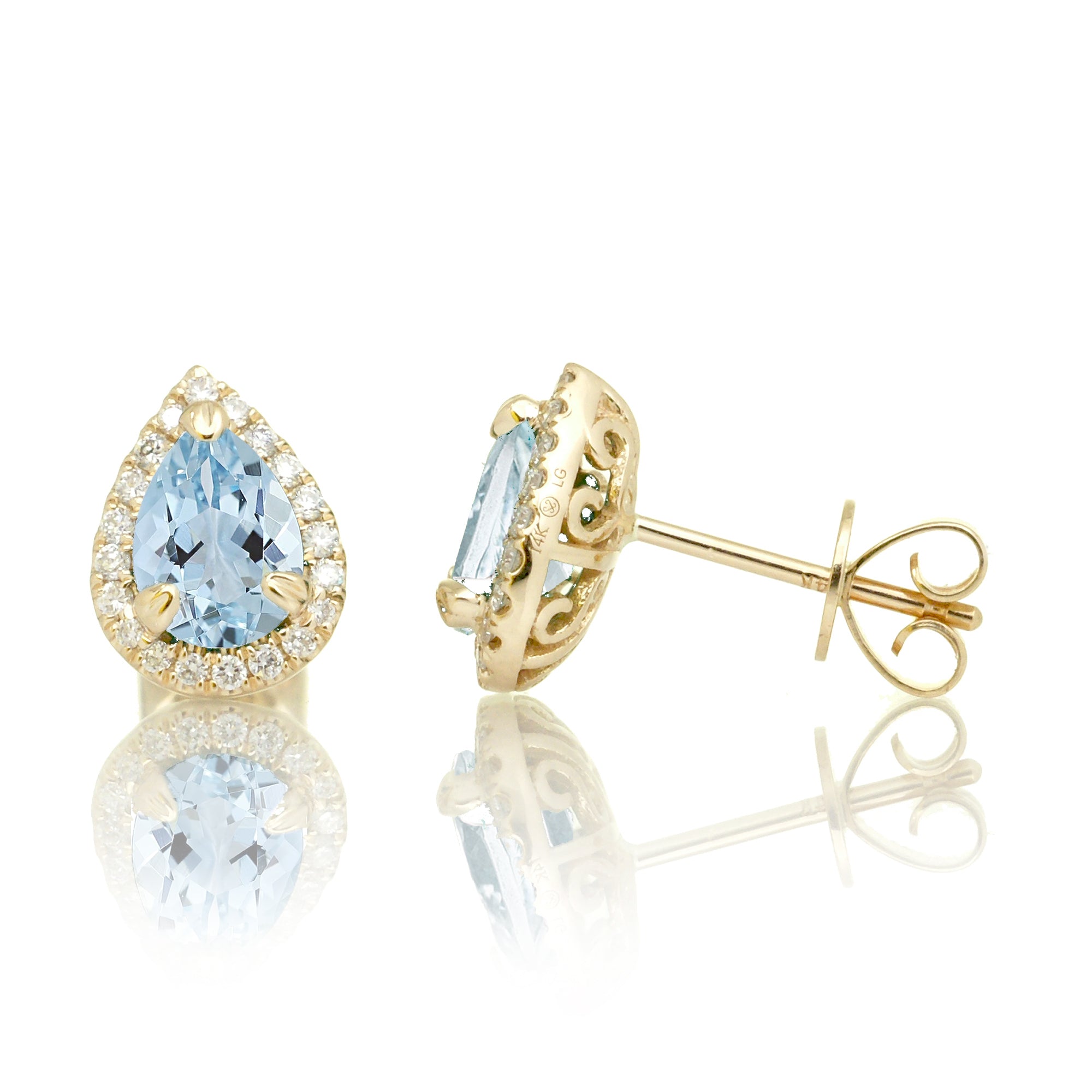 Pear aquamarine stud diamond halo earrings yellow gold