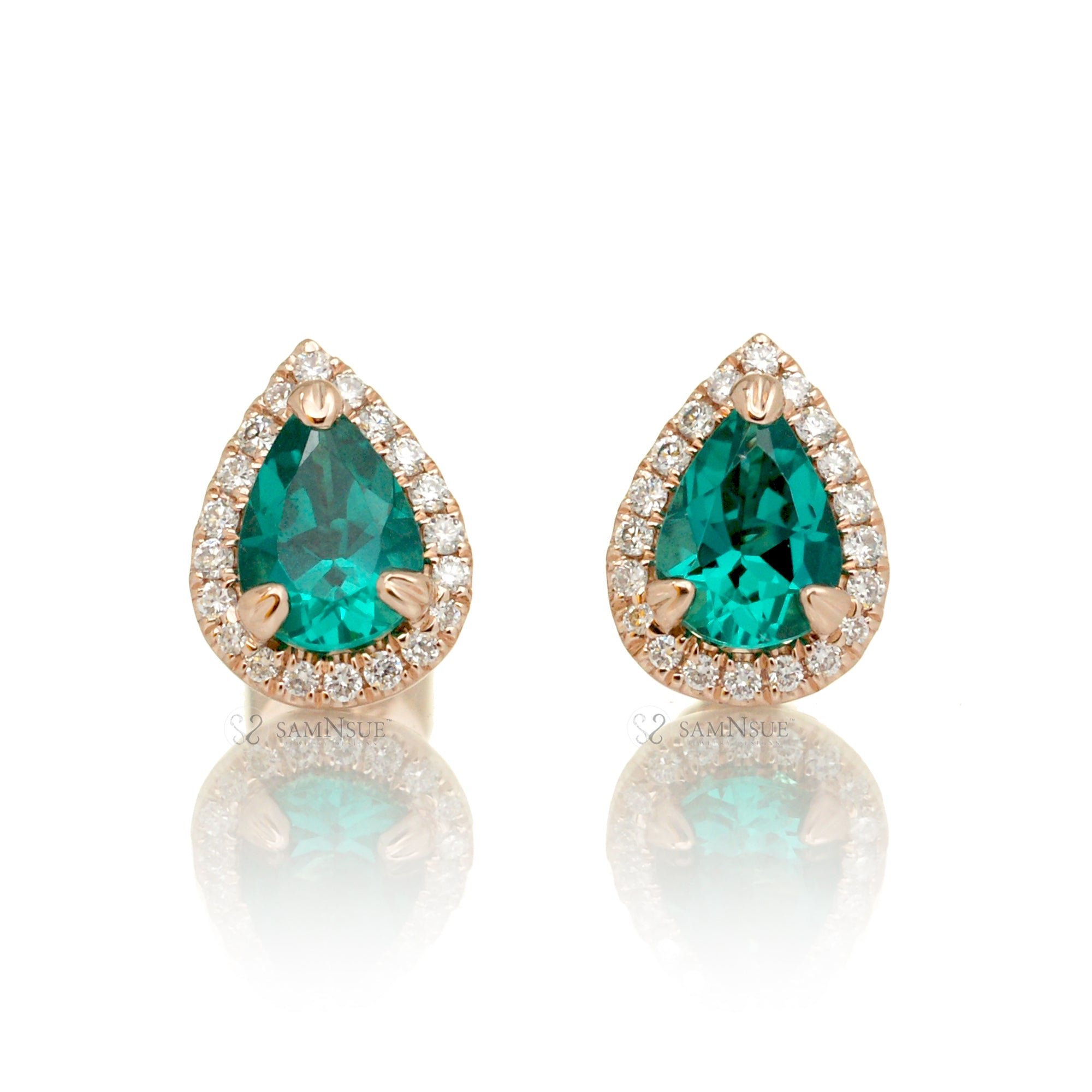 Pear emerald stud diamond halo earrings rose gold