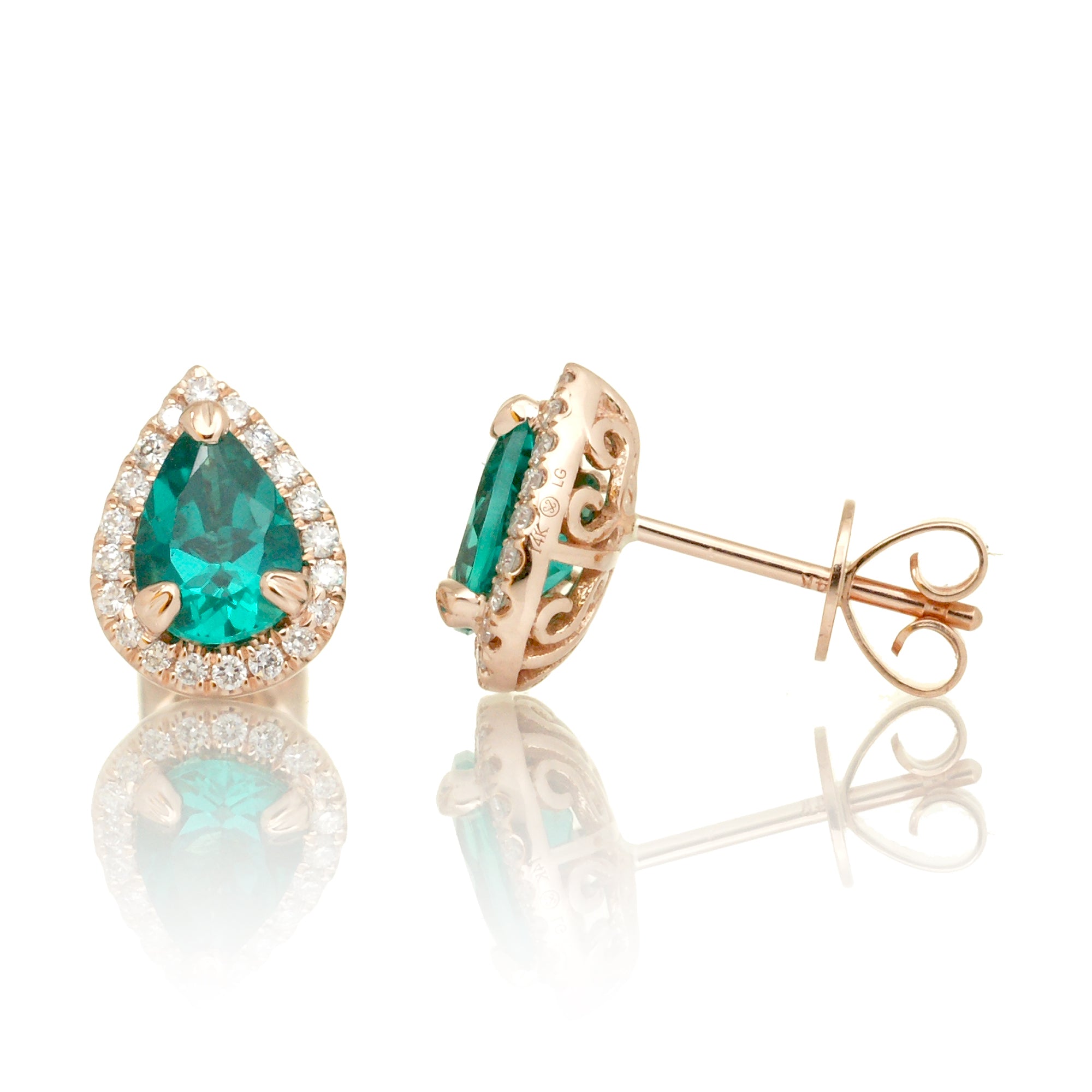 Pear emerald stud diamond halo earrings rose gold