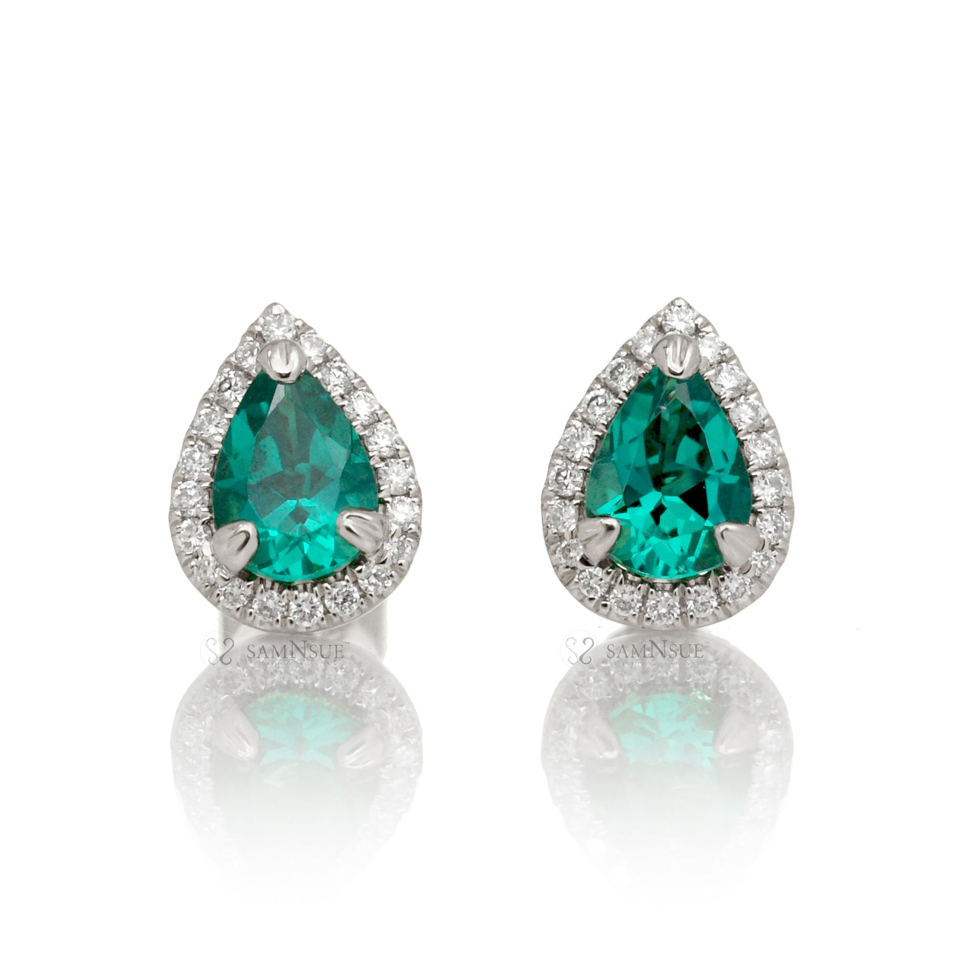 Pear emerald stud diamond halo earrings white gold