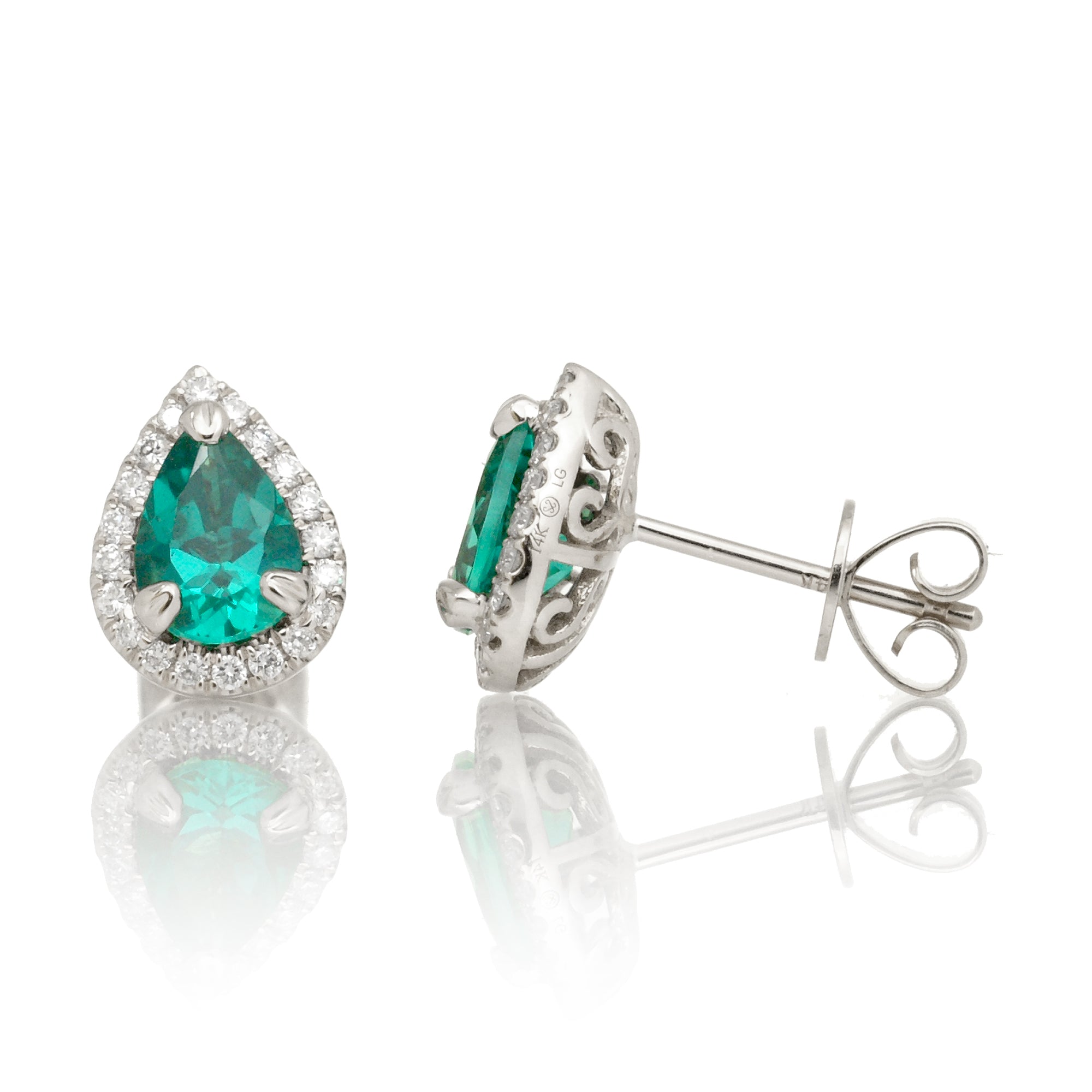 Pear emerald stud diamond halo earrings white gold