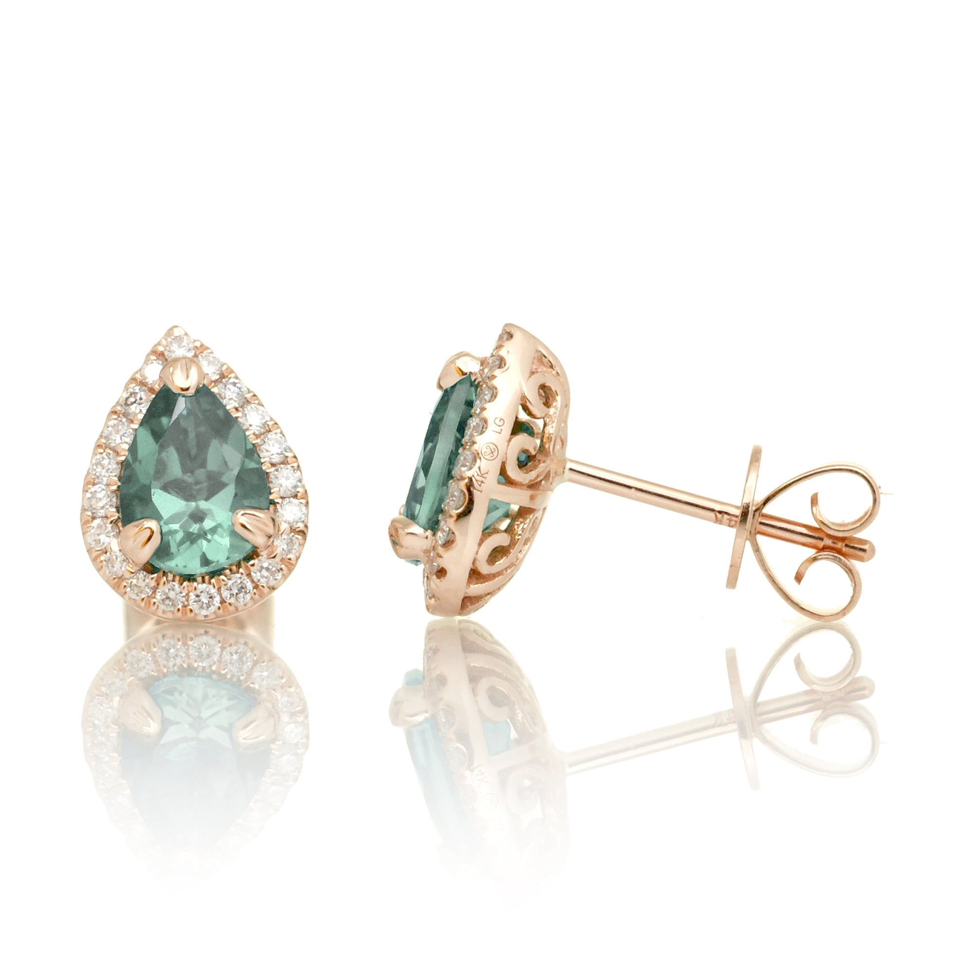 Pear Green Sapphire Diamond Halo Stud Earrings