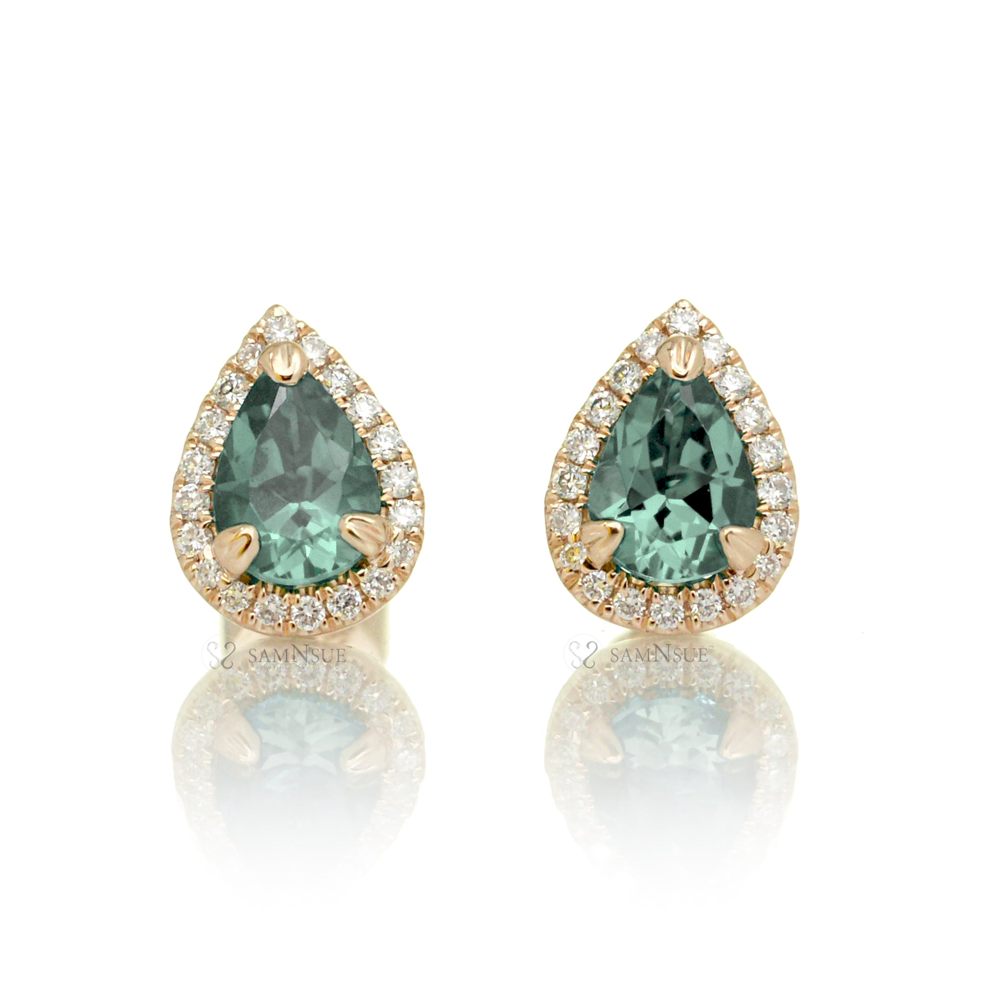 Pear Green Sapphire Diamond Halo Stud Earrings