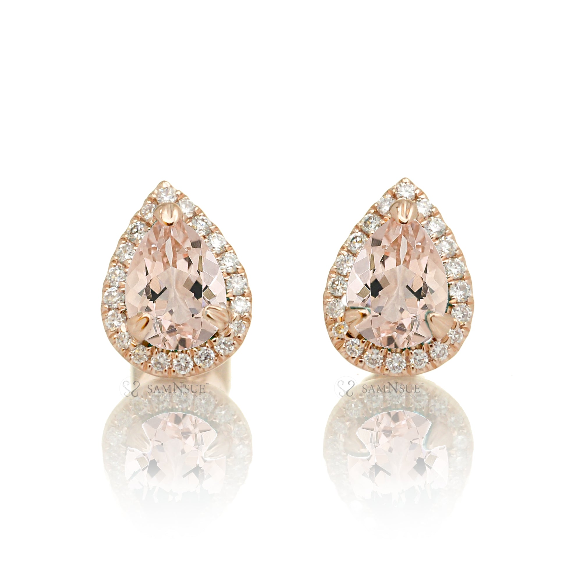 Pear morganite diamond stud halo in rose gold earrings