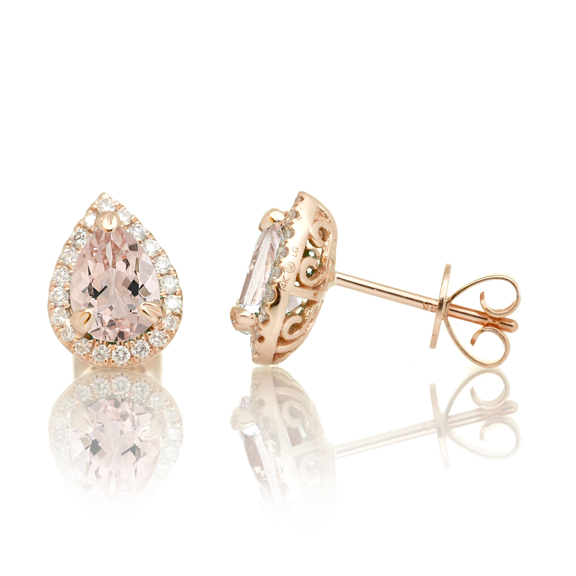 Pear morganite diamond stud halo in rose gold earrings