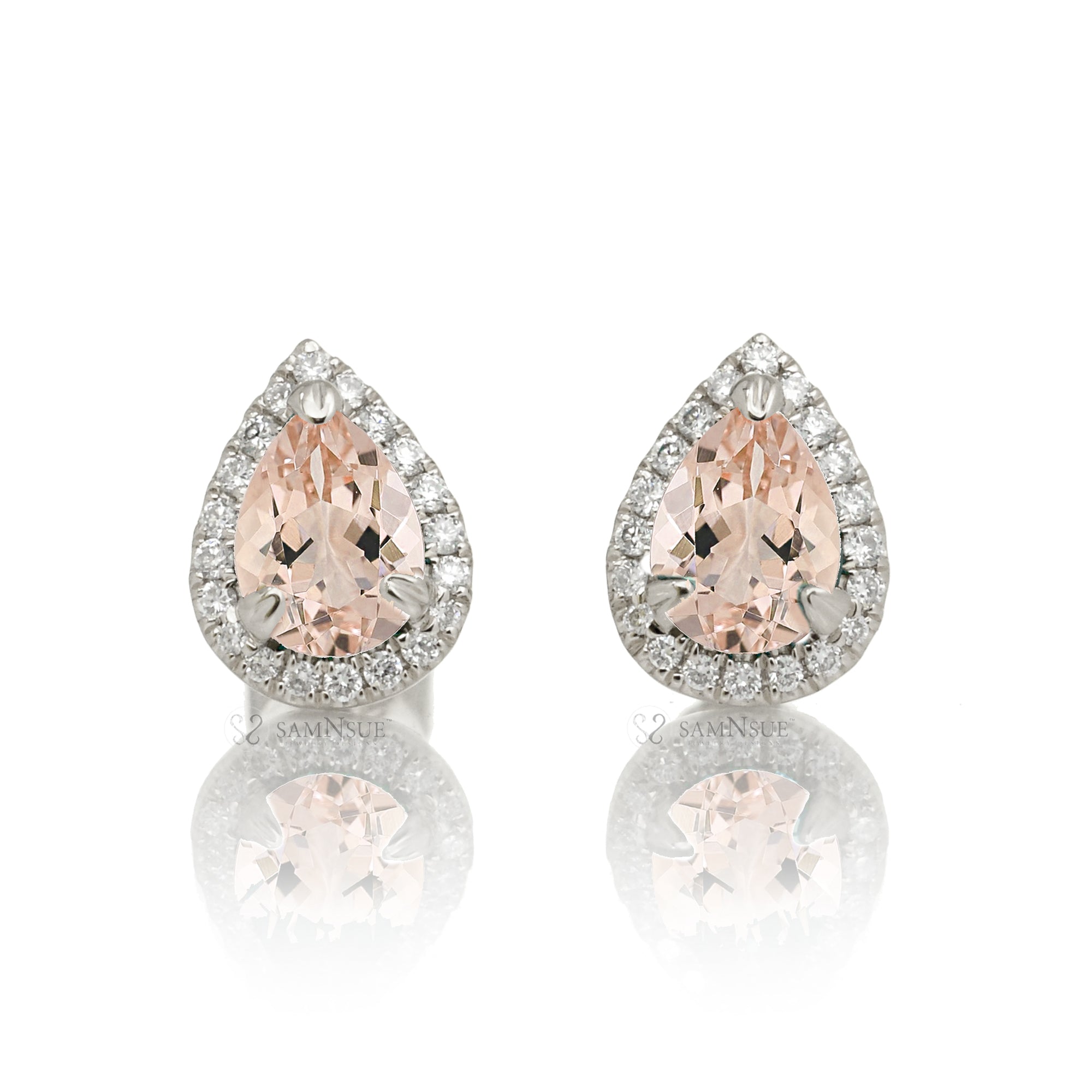 Pear morganite diamond stud halo in white gold earrings