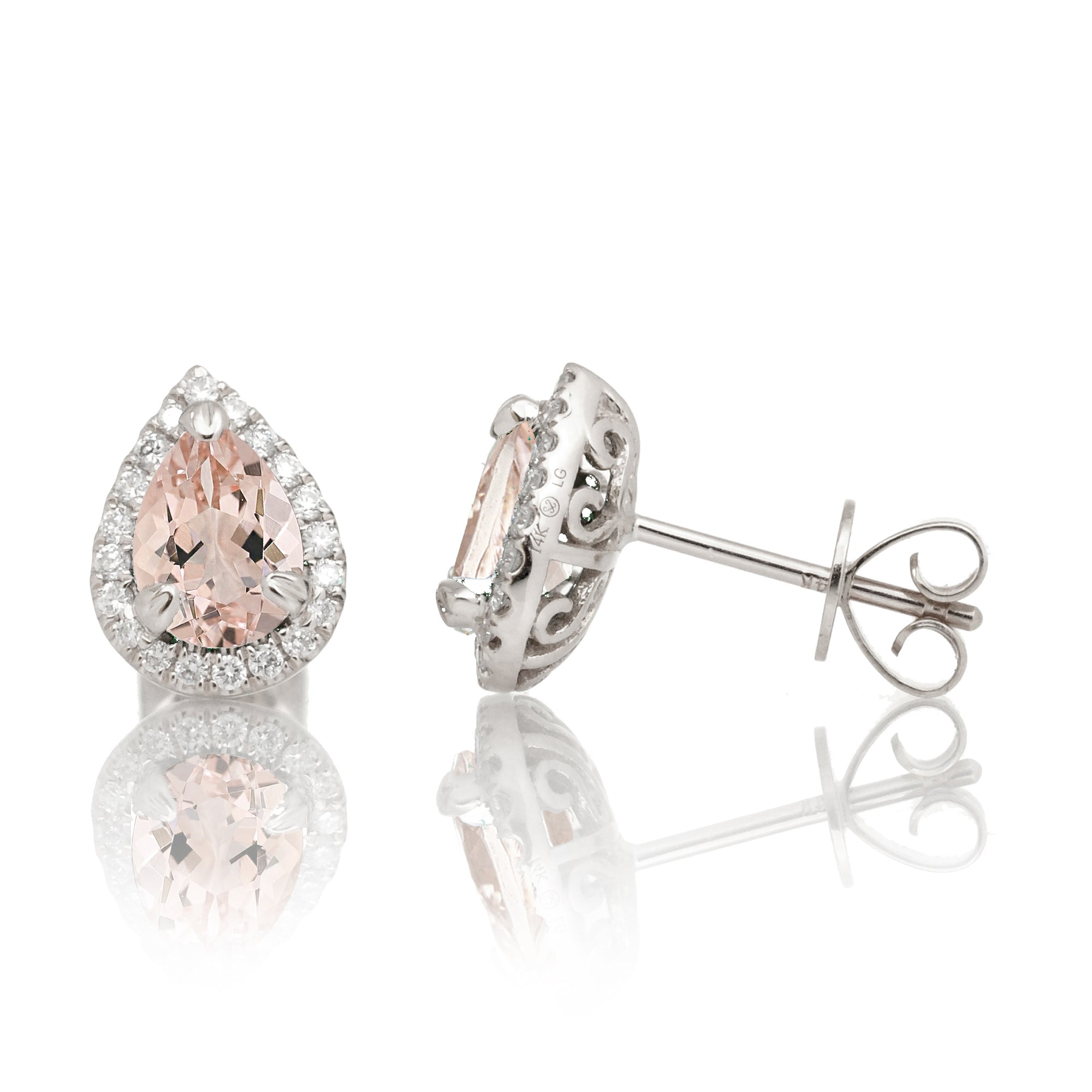 Pear morganite diamond stud halo in white gold earrings