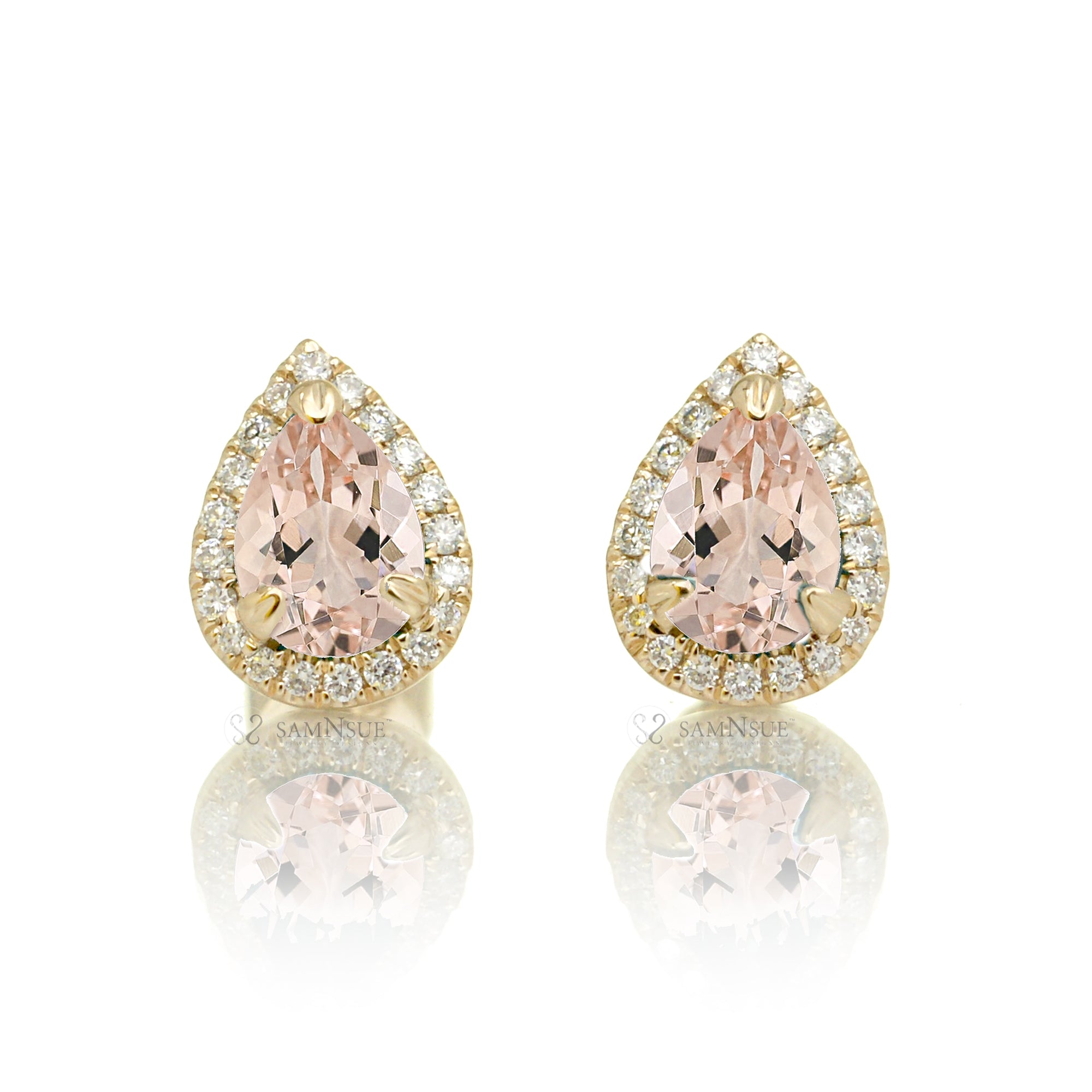 Pear morganite diamond stud halo in yellow gold earrings