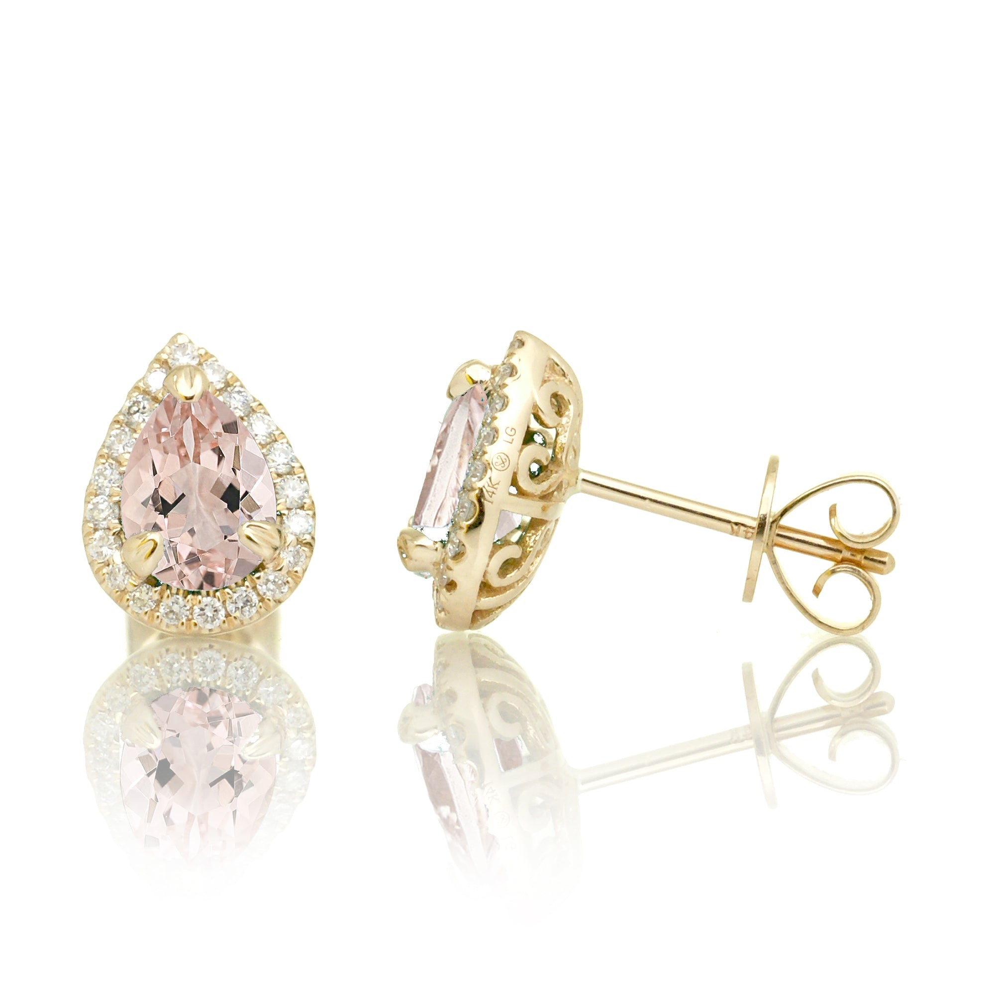 Pear morganite diamond stud halo in yellow gold earrings